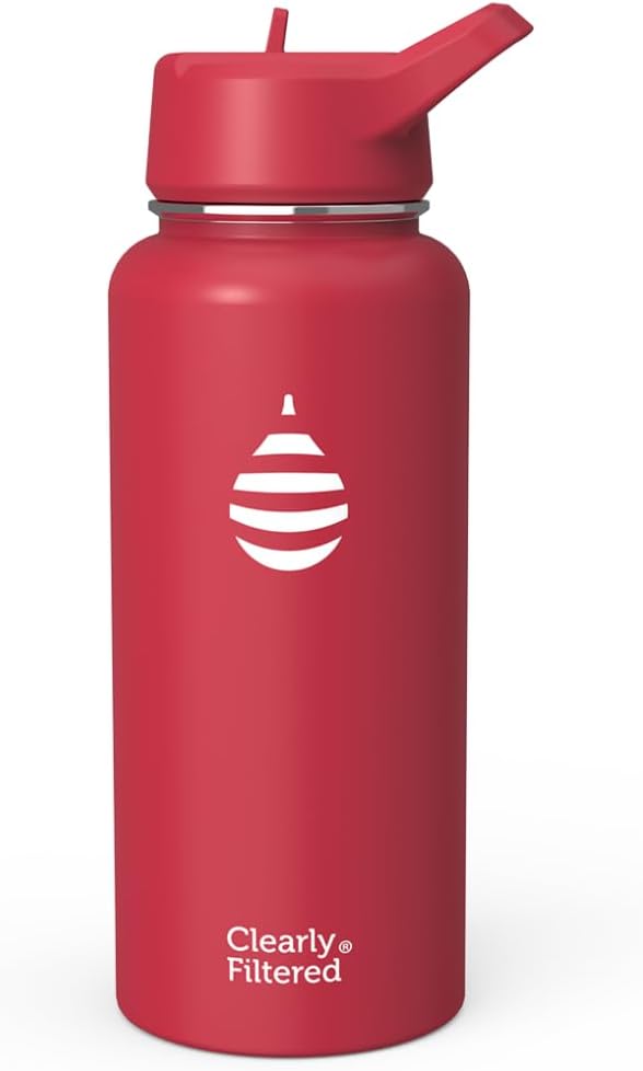 Clearly Filtered Water Bottle | Removes 220+ Contaminants, Double-Wall Insulated Stainless Steel, BPA/BPS Free, Phthalate Free, Filters Flouride Lead Chlorine (32oz, Crimson)