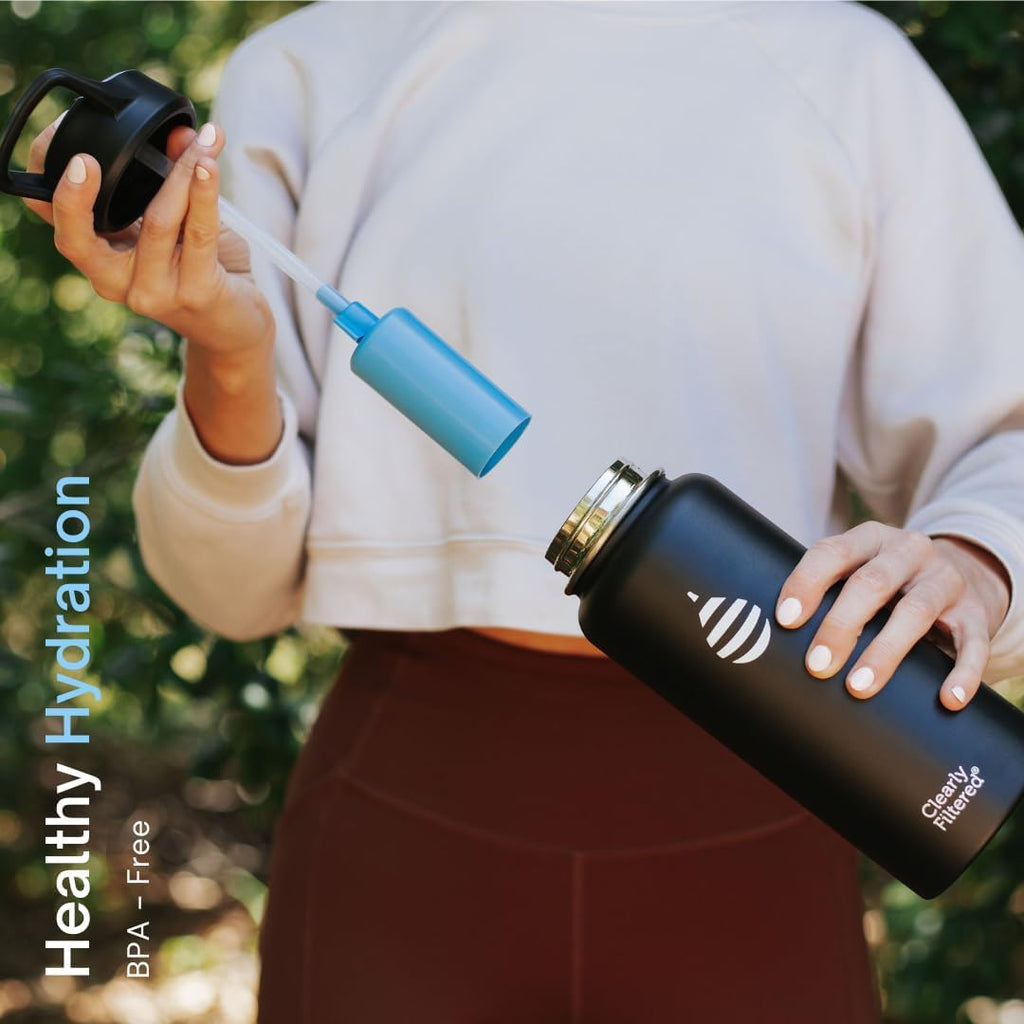 Clearly Filtered Water Bottle | Removes 220+ Contaminants, Double-Wall Insulated Stainless Steel, BPA/BPS Free, Phthalate Free, Filters Flouride Lead Chlorine (32oz, Crimson)