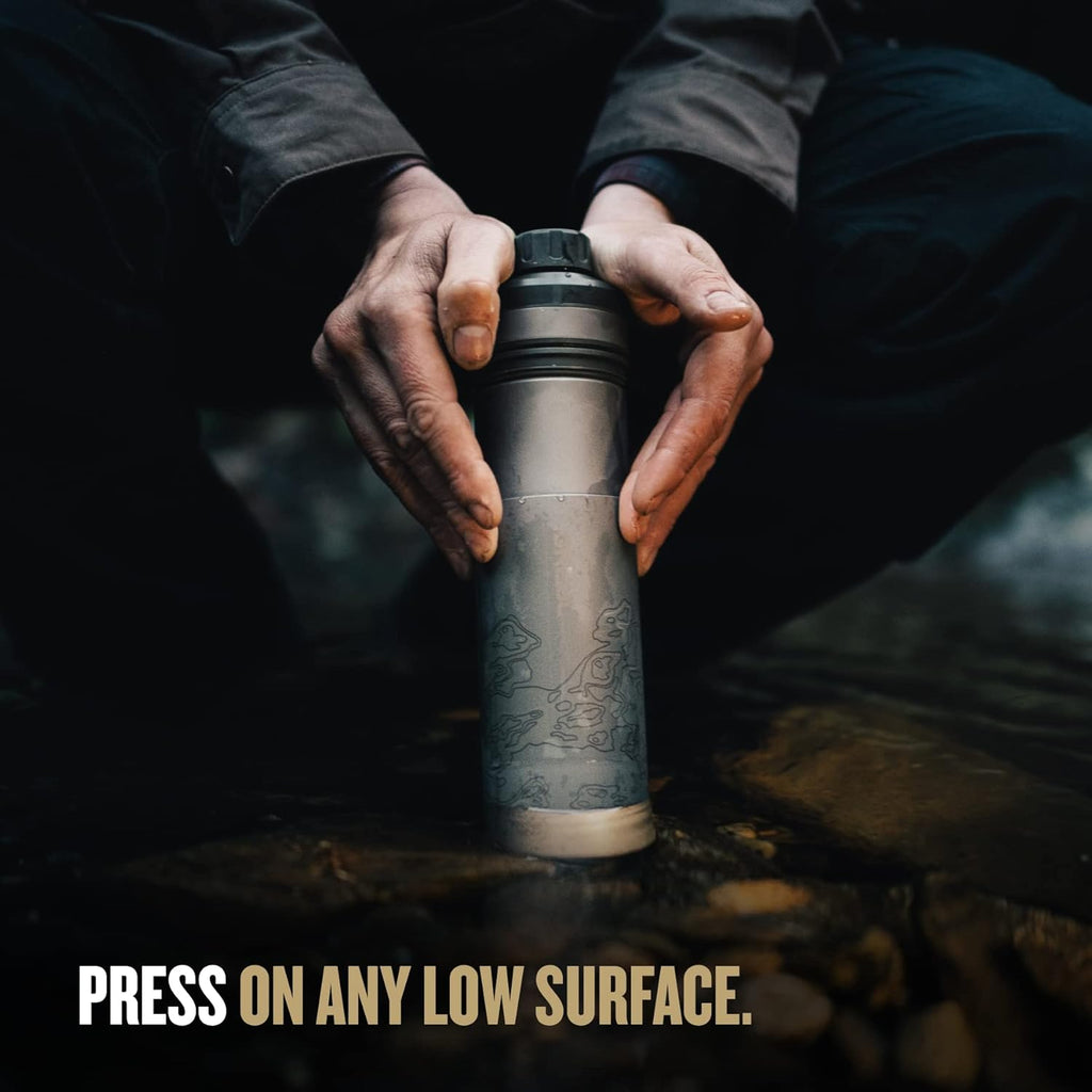 GRAYL UltraPress Titanium 16.9 oz Water Purifier & Filter Bottle for Hiking, Backpacking, Survival, Bushcraft, Travel (Covert Black)