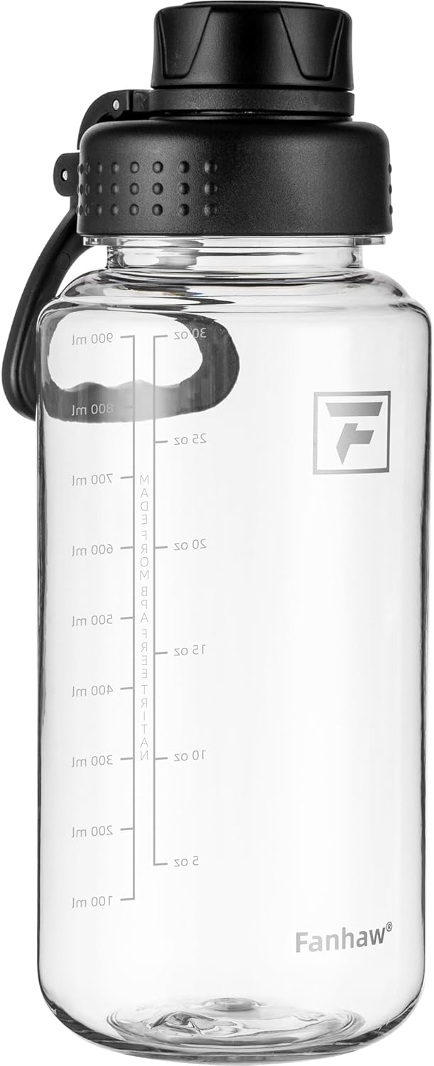 Fanhaw 32 oz Clear Water Bottle with Fast-Flow Spout Lid, BPA-Free Tritan, Wide Mouth, Leakproof, Reusable Bottle for Gym, School, Office, Travel (Clear&Black)