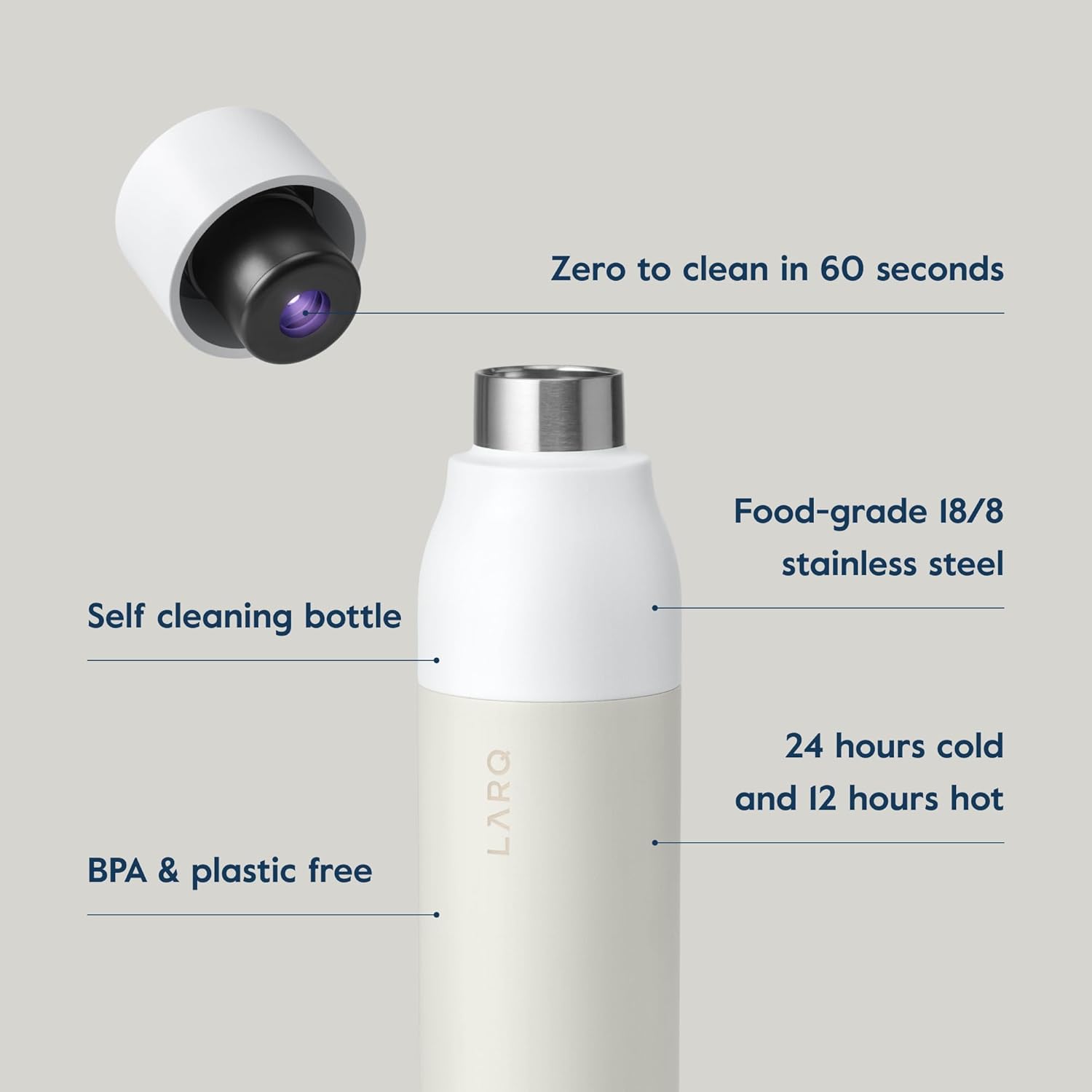 LARQ Bottle PureVis 17 oz - Self-Cleaning and Insulated Stainless Steel Water Bottle with UV Water Purifier and Award-winning Design | Reusable & Travel Friendly, 1-Year Warranty, Granite White