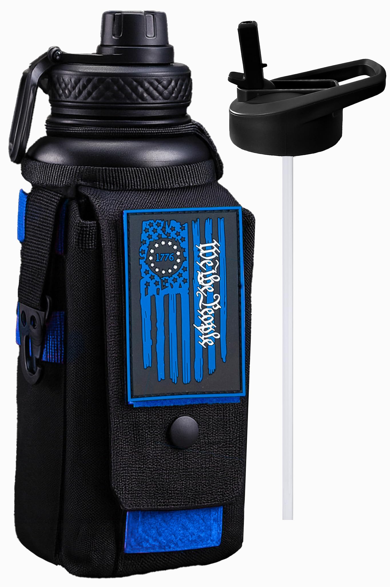 Iron Infidel Battle Bottle - Half Gallon Insulated Water Bottle with Paracord Handle, Large 64 oz Stainless Steel Water Jug with Rugged, Removable Sleeve for Keys, Wallet & Phone (Blue Line 2 Liter)