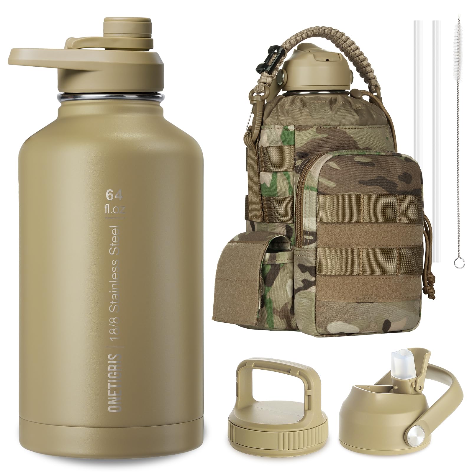 ONETIGRIS Tactical Half Gallon Water Bottle with Straw - 64 oz Vacuum Insulated Stainless Steel Water Jug, Leakproof Sport Bottle with 3 BPA Free Lids, Paracord Handle & MOLLE Water Pouch for Outdoor