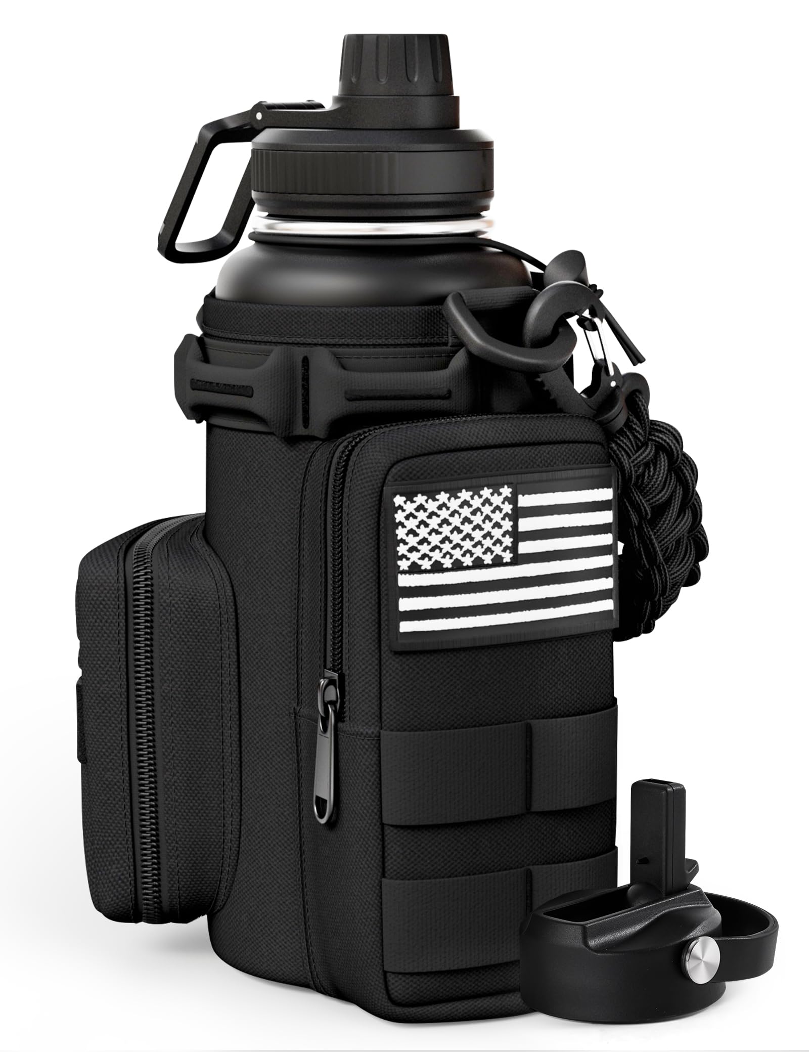 Tactical Half Gallon Water Bottle with Straw, 64 Oz Insulated Water Jug with Molle Water Bottle Holder, Stainless Steel Sport Bottle with 3 BPA Free Lids for Gym Workout Hiking (Black)