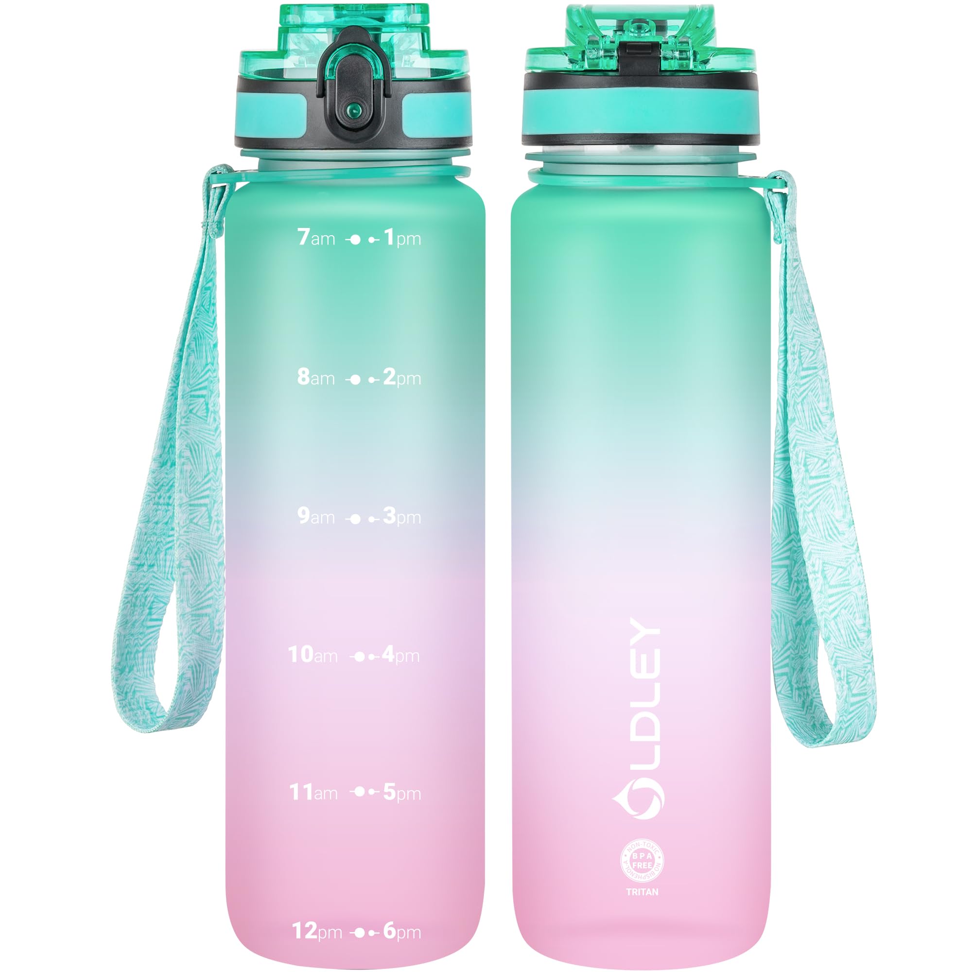 OLDLEY 32 oz Water Bottle, Motivational Water Bottle with Time Marker, Sports Water Bottle With Strap, Leakproof & BPA Free Large Water Bottles for School, Gym, Travel, Outdoor, Tritan, Transparent