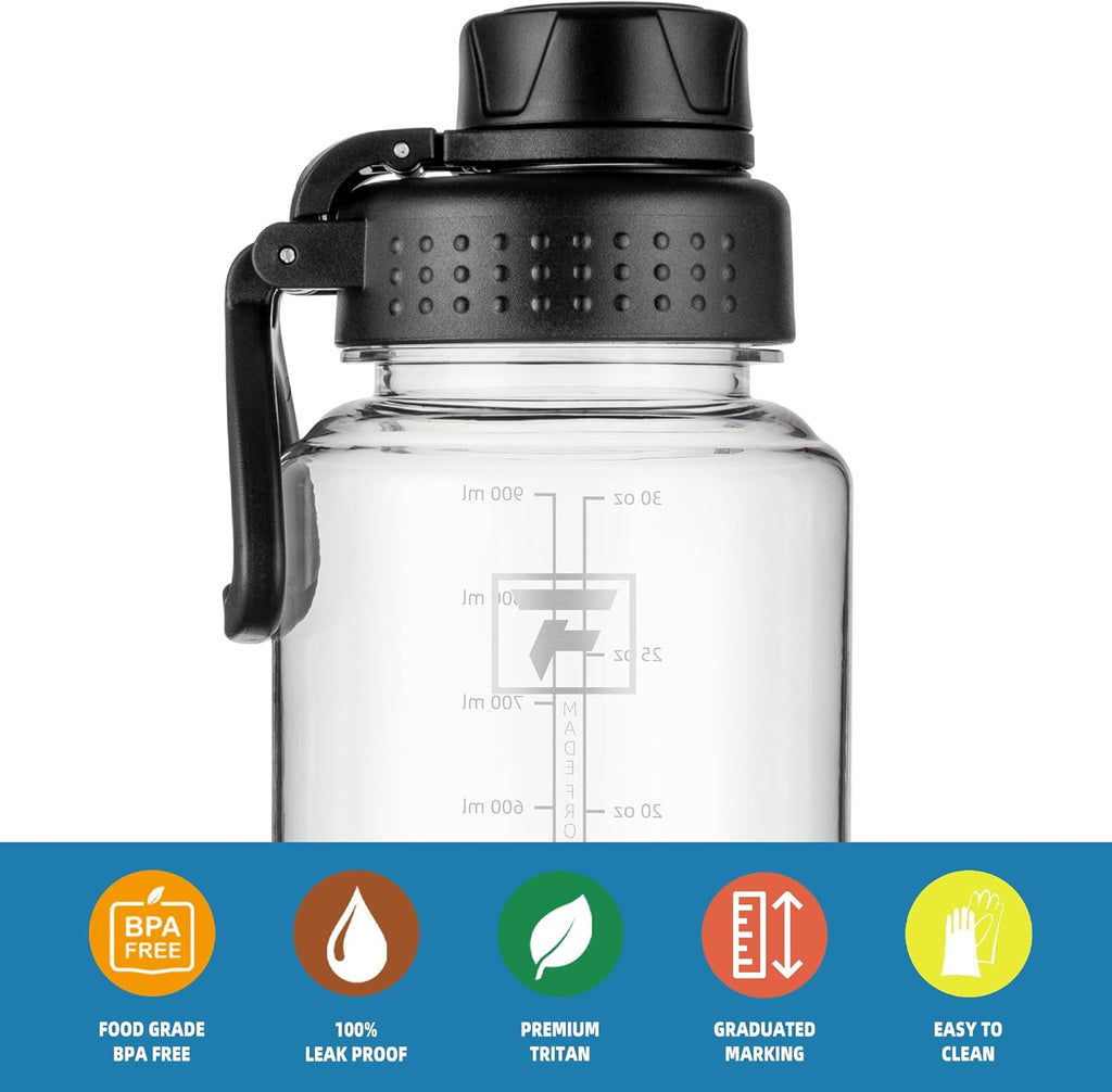 Fanhaw 32 oz Clear Water Bottle with Fast-Flow Spout Lid, BPA-Free Tritan, Wide Mouth, Leakproof, Reusable Bottle for Gym, School, Office, Travel (Clear&Black)