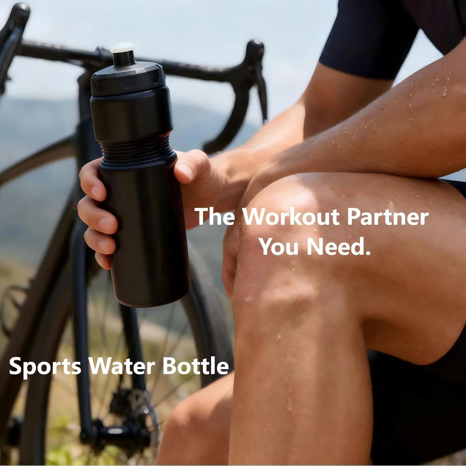 Squeeze Water Bottle Sports 24oz, BPA-Free Bicycle Water Bottle, Fit Bike Cage, Gym Cycling Hiking. (Black)