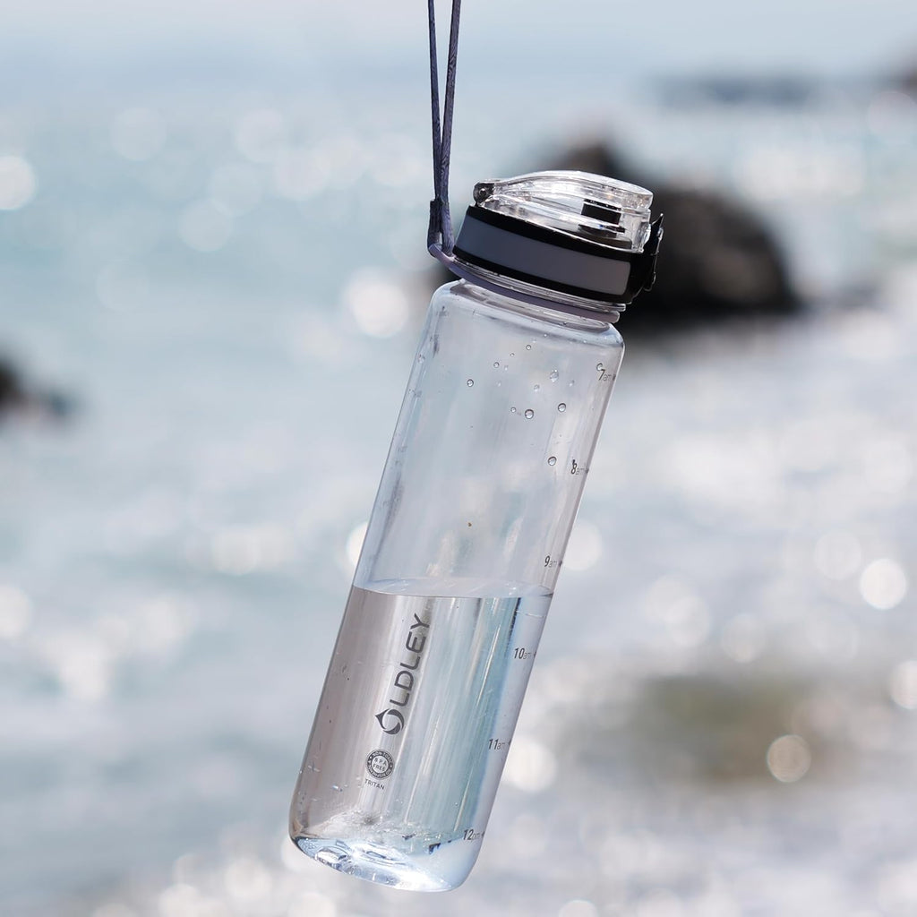 OLDLEY 32 oz Water Bottle, Motivational Water Bottle with Time Marker, Sports Water Bottle With Strap, Leakproof & BPA Free Large Water Bottles for School, Gym, Travel, Outdoor, Tritan, Transparent