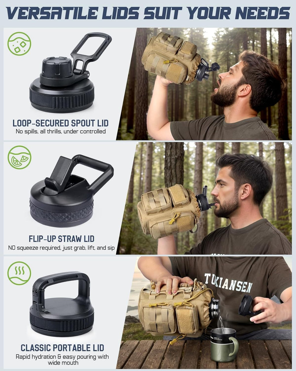 64 oz Insulated Water Bottle with Sleeve, Half Gallon Stainless Steel Tactical Water Jug Large Military Water Bottle with 3-IN-1 Pouch/3 Lids/Straw/Paracord Handle for Gym, Camping, Workout