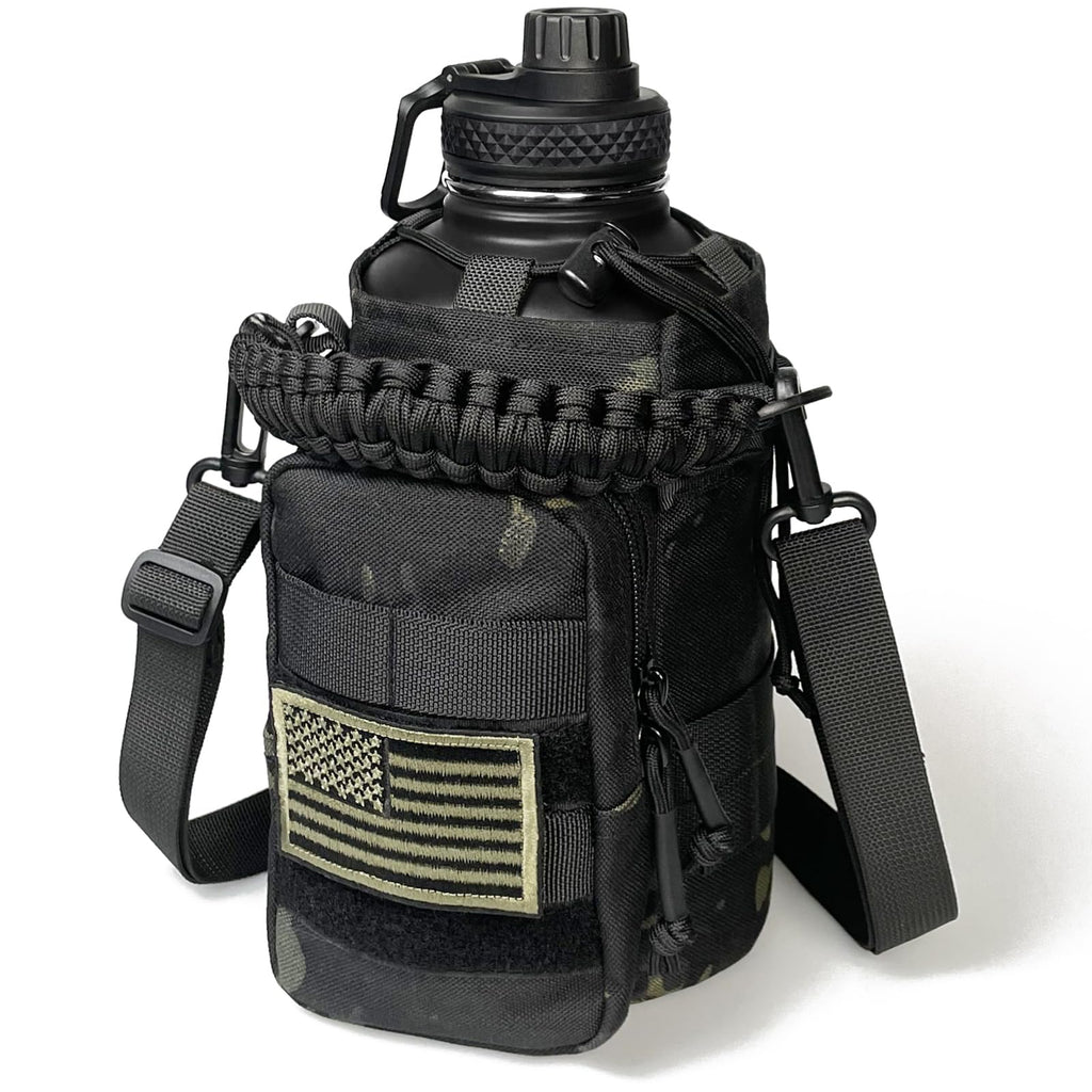 64 Oz Water Bottle with Sleeve - Half Gallon Big Insulated Water Jug with Strap Stainless Steel Gym Water Bottles for Men Sports Workout Hiking All Black