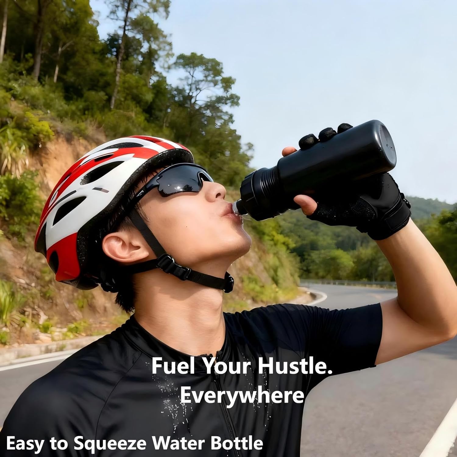Squeeze Water Bottle Sports 24oz, BPA-Free Bicycle Water Bottle, Fit Bike Cage, Gym Cycling Hiking. (Black)