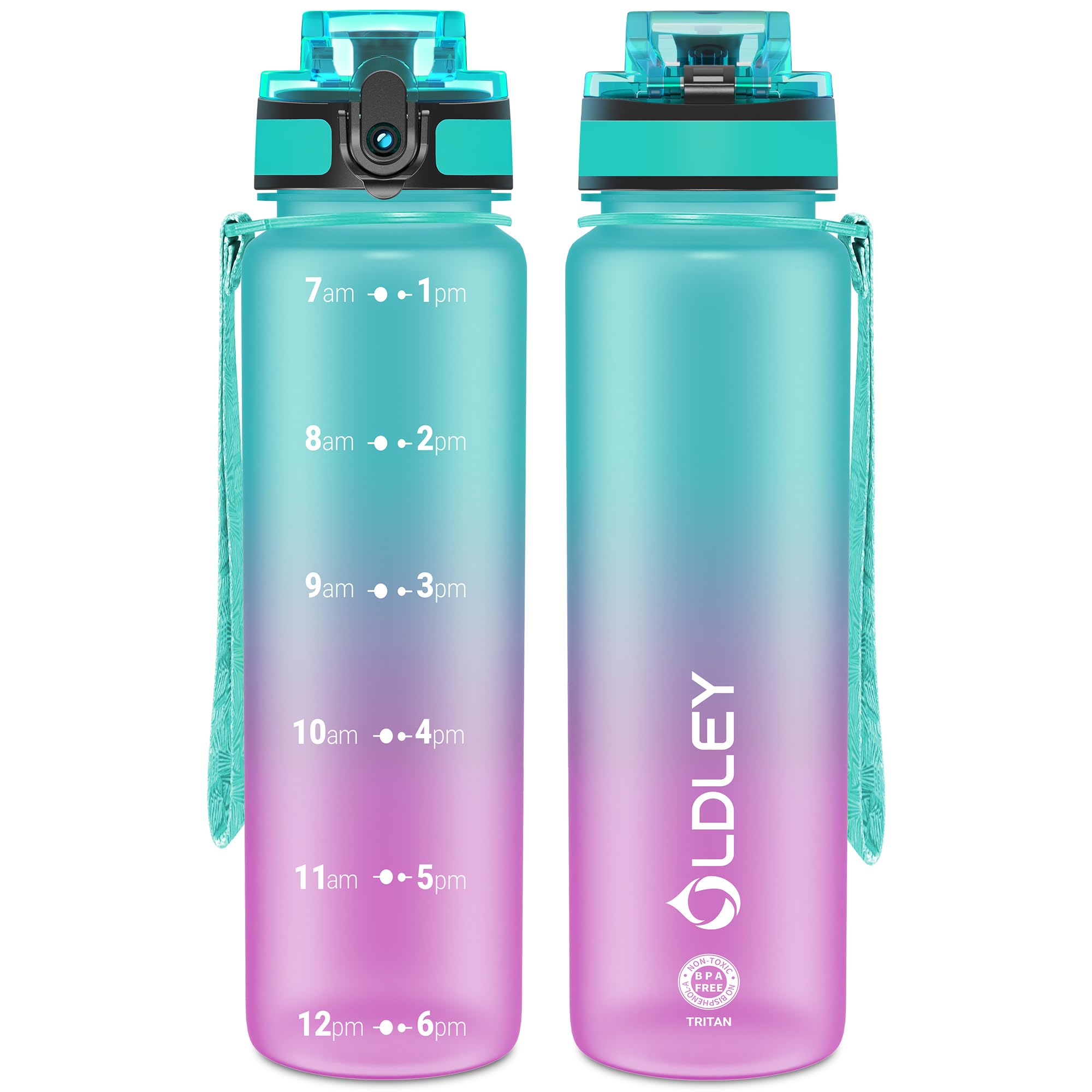 OLDLEY 32 oz Water Bottle, Motivational Water Bottle with Time Marker, Sports Water Bottle With Strap, Leakproof & BPA Free Large Water Bottles for School, Gym, Travel, Outdoor, Tritan, Transparent