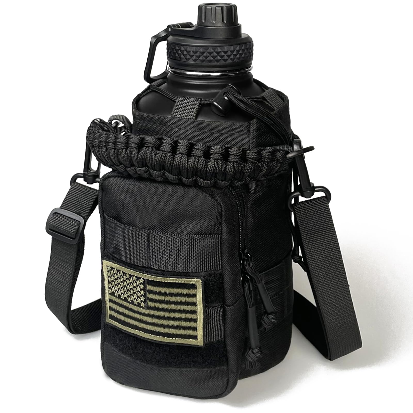 Half Gallon Water Bottle with Sleeve - 64 Oz Insulated Water Jug with Handle - Green Stainless Steel Sports Water Bottle for Gym Workout Hiking Tactical Bottle Holder with Pouch Khaki