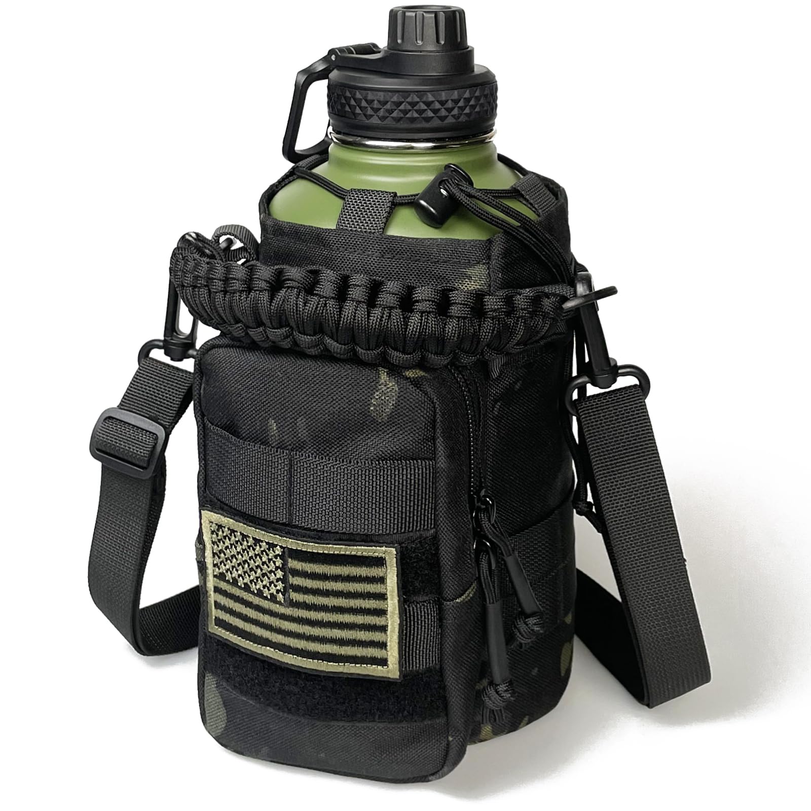 Half Gallon Water Bottle with Sleeve - 64 Oz Insulated Water Jug with Handle - Green Stainless Steel Sports Water Bottle for Gym Workout Hiking Tactical Bottle Holder with Pouch Khaki