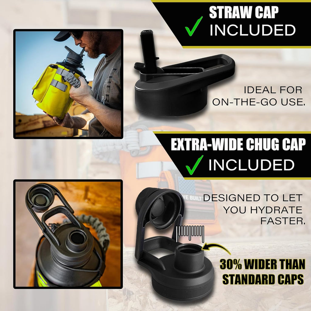 Iron Infidel Workforce Water Bottle - 64 oz Insulated Stainless Steel | Half Gallon Vacuum Water Jug | Paracord Handle, Removable Sleeve | Large Thermal Flask | Hiking, Camping, Workouts (Yellow)