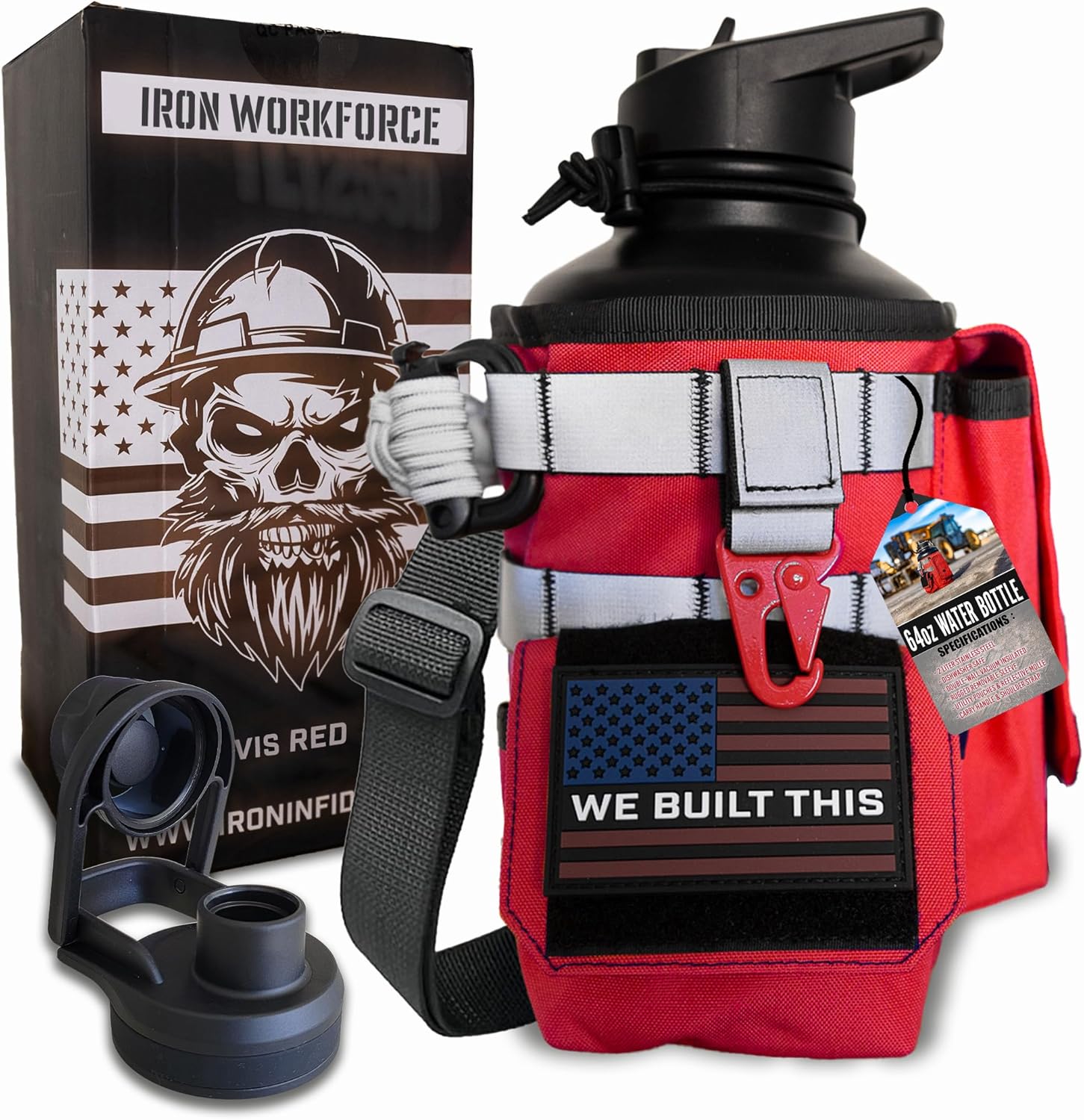 Iron Infidel Workforce Water Bottle - 64 oz Insulated Stainless Steel | Half Gallon Vacuum Water Jug | Paracord Handle, Removable Sleeve | Large Thermal Flask | Hiking, Camping, Workouts (Red)