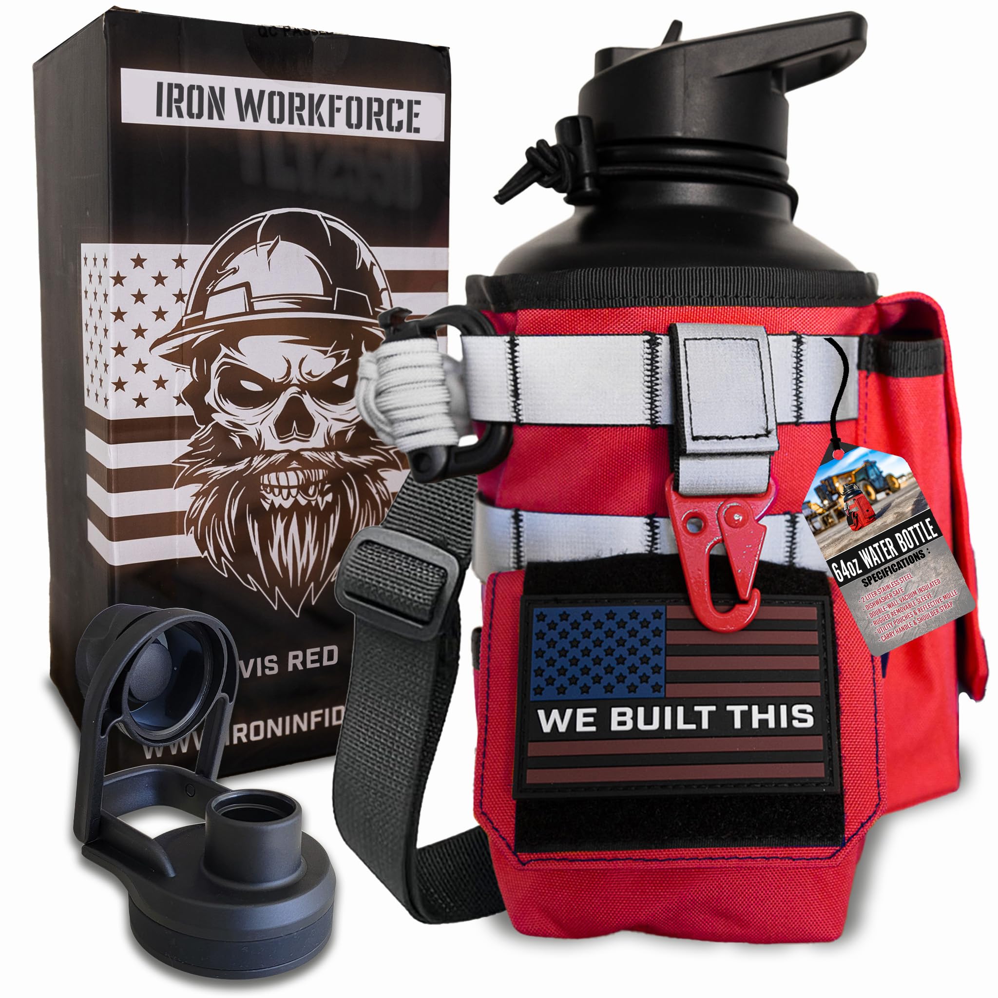 Iron Infidel Workforce Water Bottle - 64 oz Insulated Stainless Steel | Half Gallon Vacuum Water Jug | Paracord Handle, Removable Sleeve | Large Thermal Flask | Hiking, Camping, Workouts (Red)