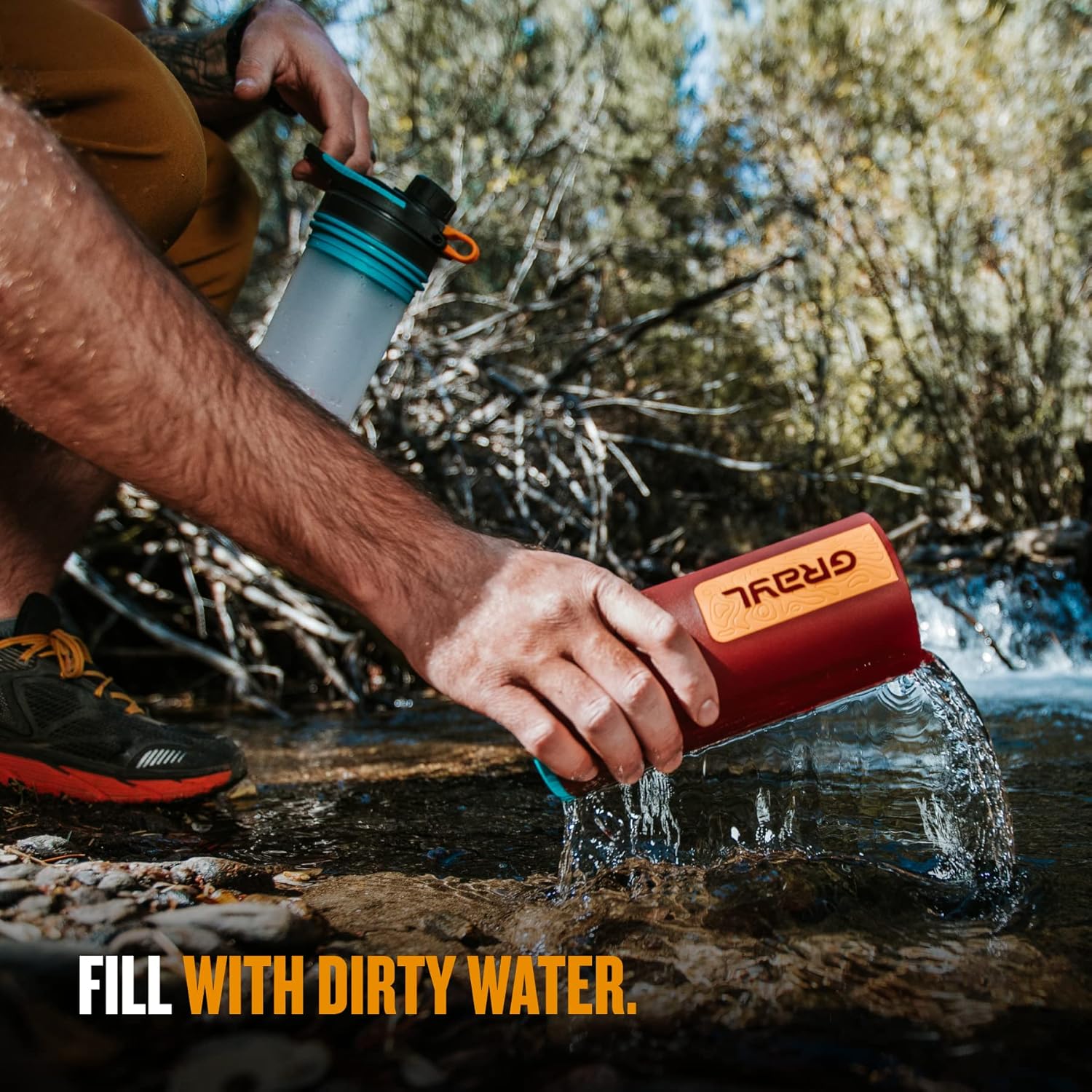 GRAYL GeoPress 24 oz Water Purifier Bottle - Filter for Hiking, Camping, Survival, Travel (Wanderer Red)