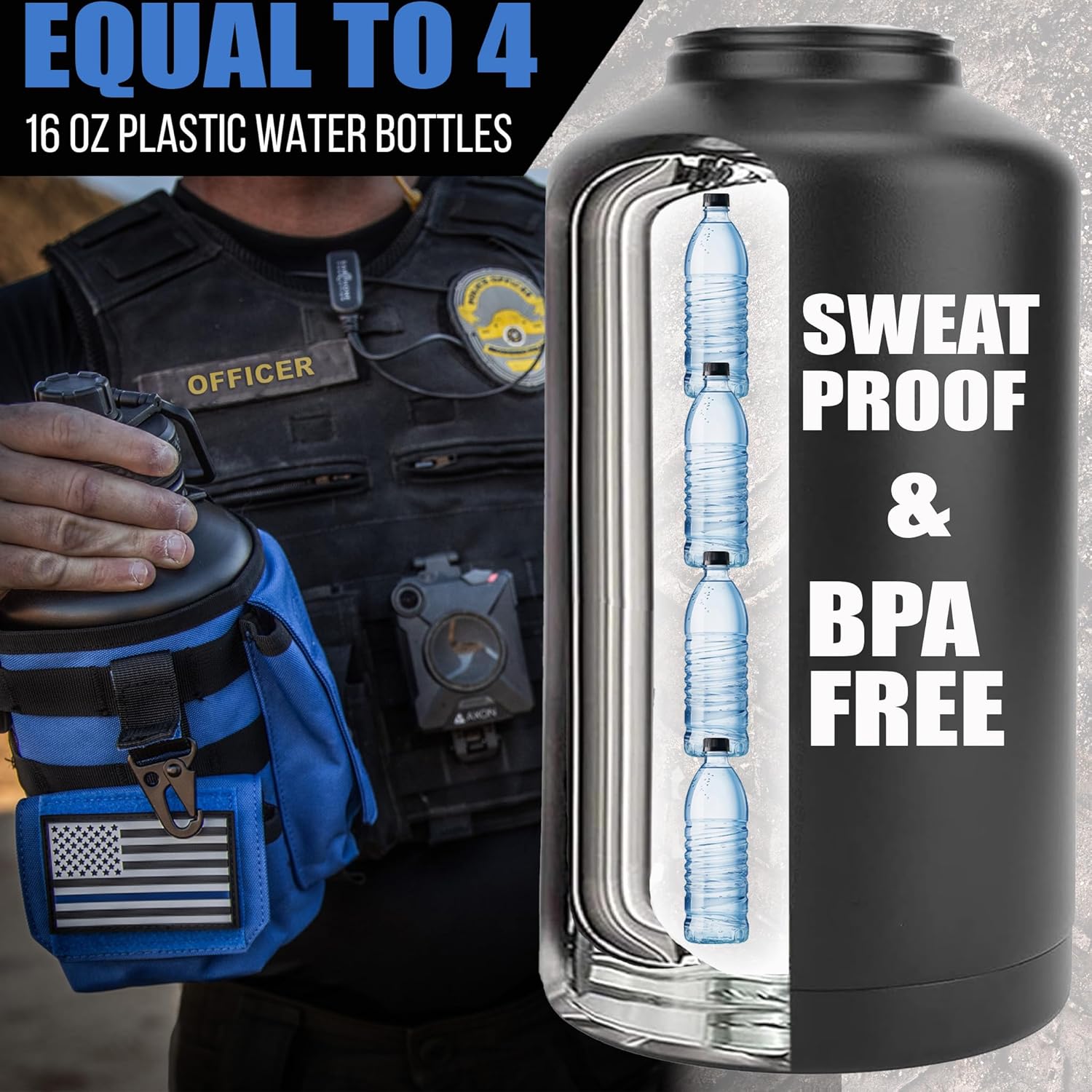 Iron Infidel Battle Bottle - Half Gallon Insulated Water Bottle with Paracord Handle, Large 64 oz Stainless Steel Water Jug with Rugged, Removable Sleeve for Keys, Wallet & Phone (Blue Line 2 Liter)