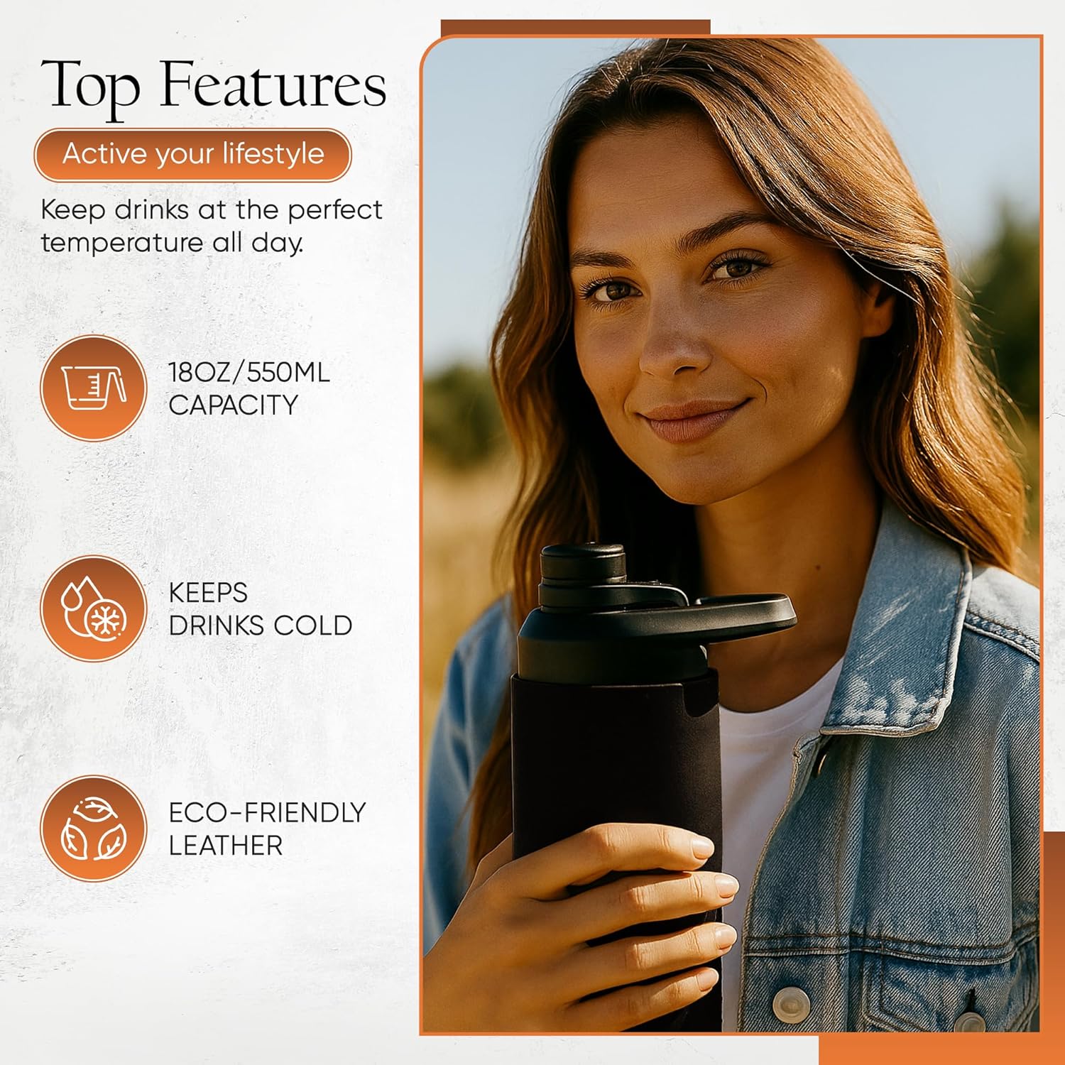 18oz leather stainless steel water bottle (black)