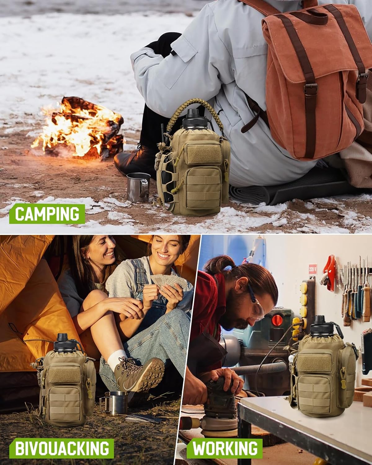 64 oz Insulated Water Bottle with Sleeve, Half Gallon Stainless Steel Tactical Water Jug Large Military Water Bottle with 3-IN-1 Pouch/3 Lids/Straw/Paracord Handle for Gym, Camping, Workout