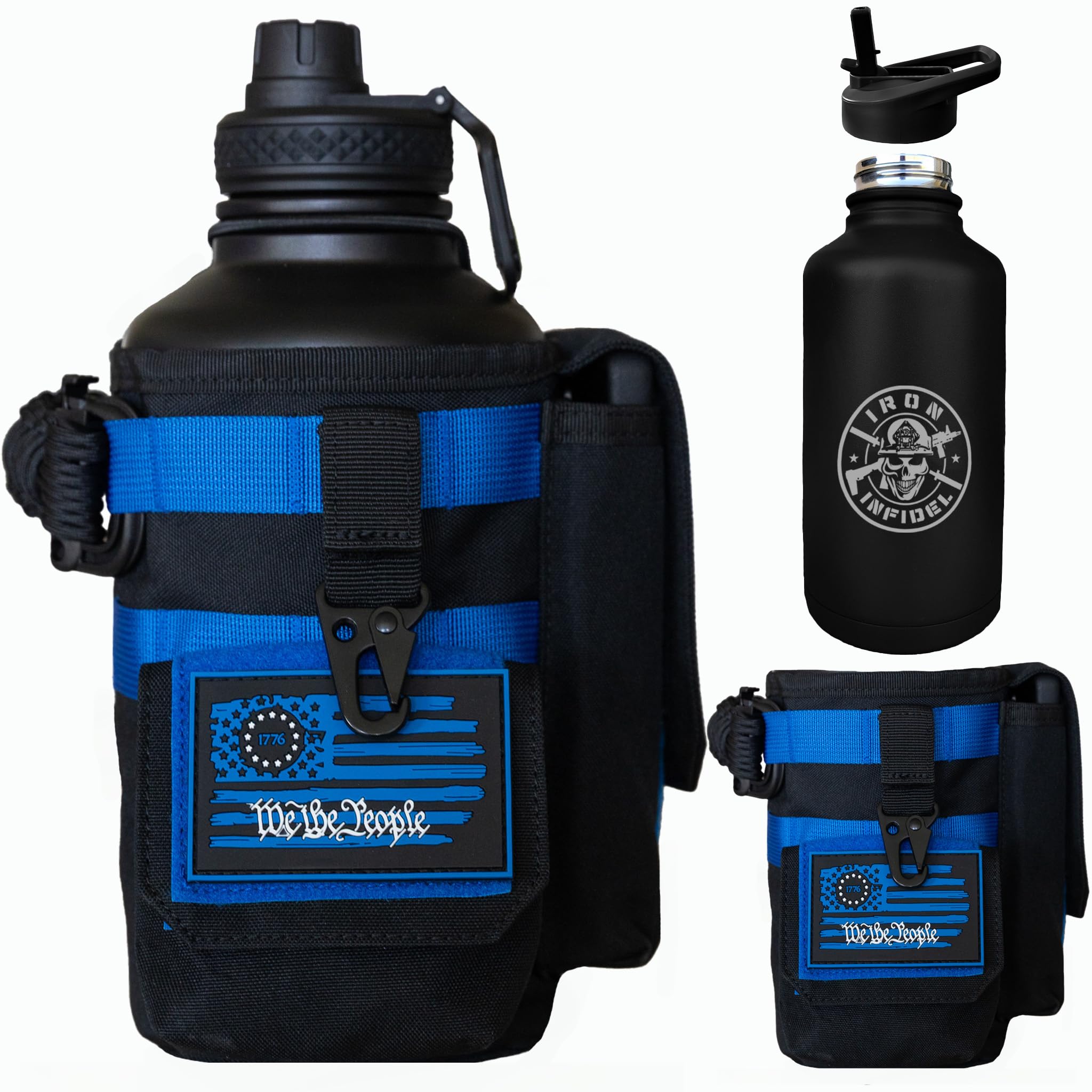 Iron Infidel Battle Bottle - Half Gallon Insulated Water Bottle with Paracord Handle, Large 64 oz Stainless Steel Water Jug with Rugged, Removable Sleeve for Keys, Wallet & Phone (Blue Line 2 Liter)