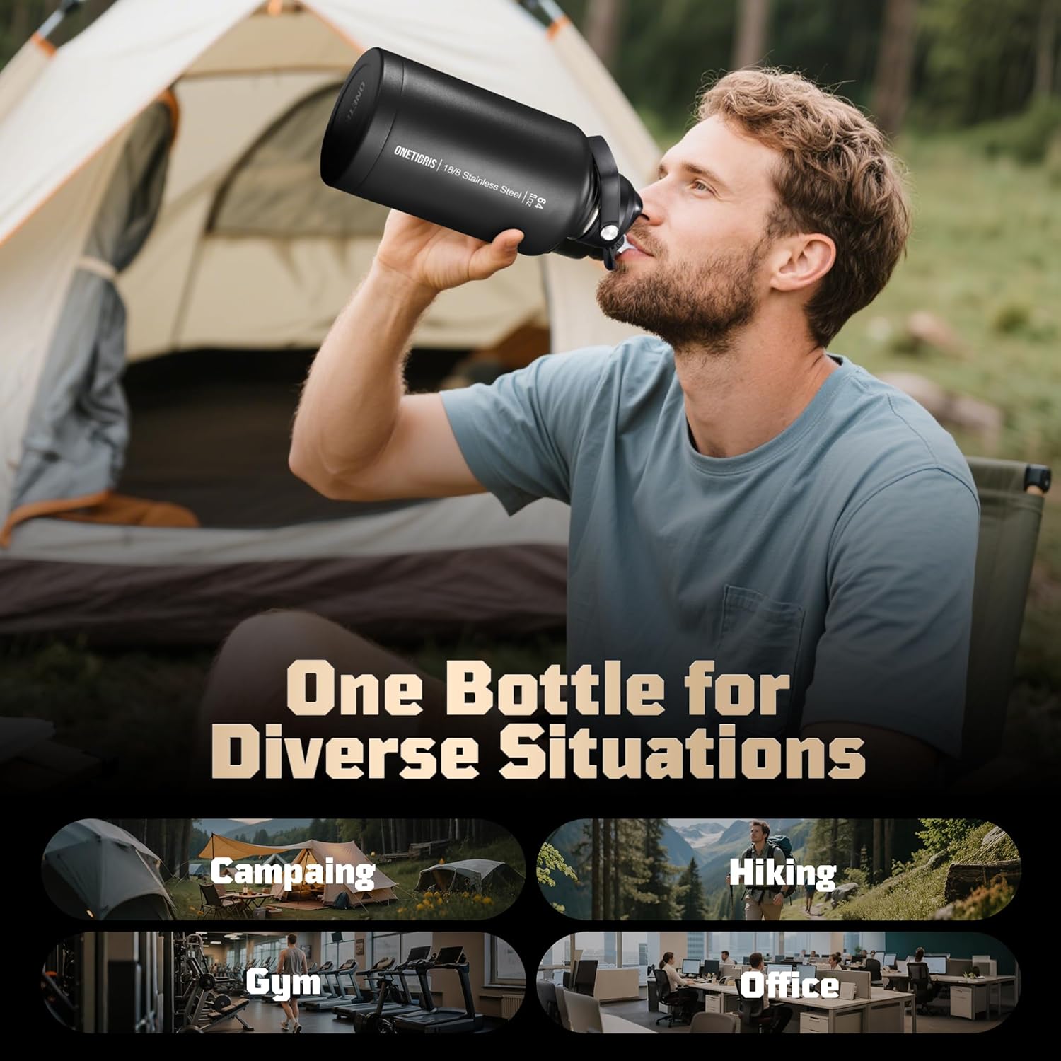 ONETIGRIS Tactical Half Gallon Water Bottle with Straw - 64 oz Vacuum Insulated Stainless Steel Water Jug, Leakproof Sport Bottle with 3 BPA Free Lids, Paracord Handle & MOLLE Water Pouch for Outdoor