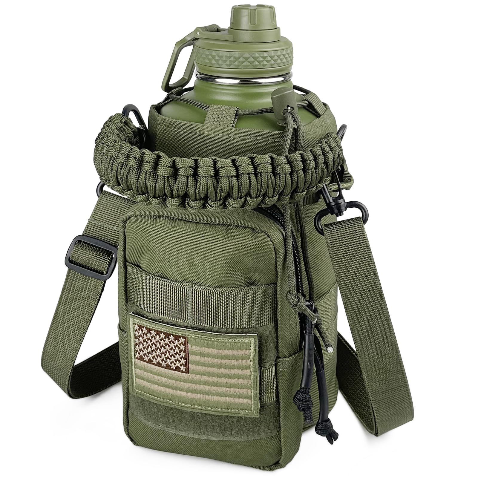 Half Gallon Water Bottle with Sleeve - 64 Oz Insulated Water Jug with Handle - Green Stainless Steel Sports Water Bottle for Gym Workout Hiking Tactical Bottle Holder with Pouch Khaki