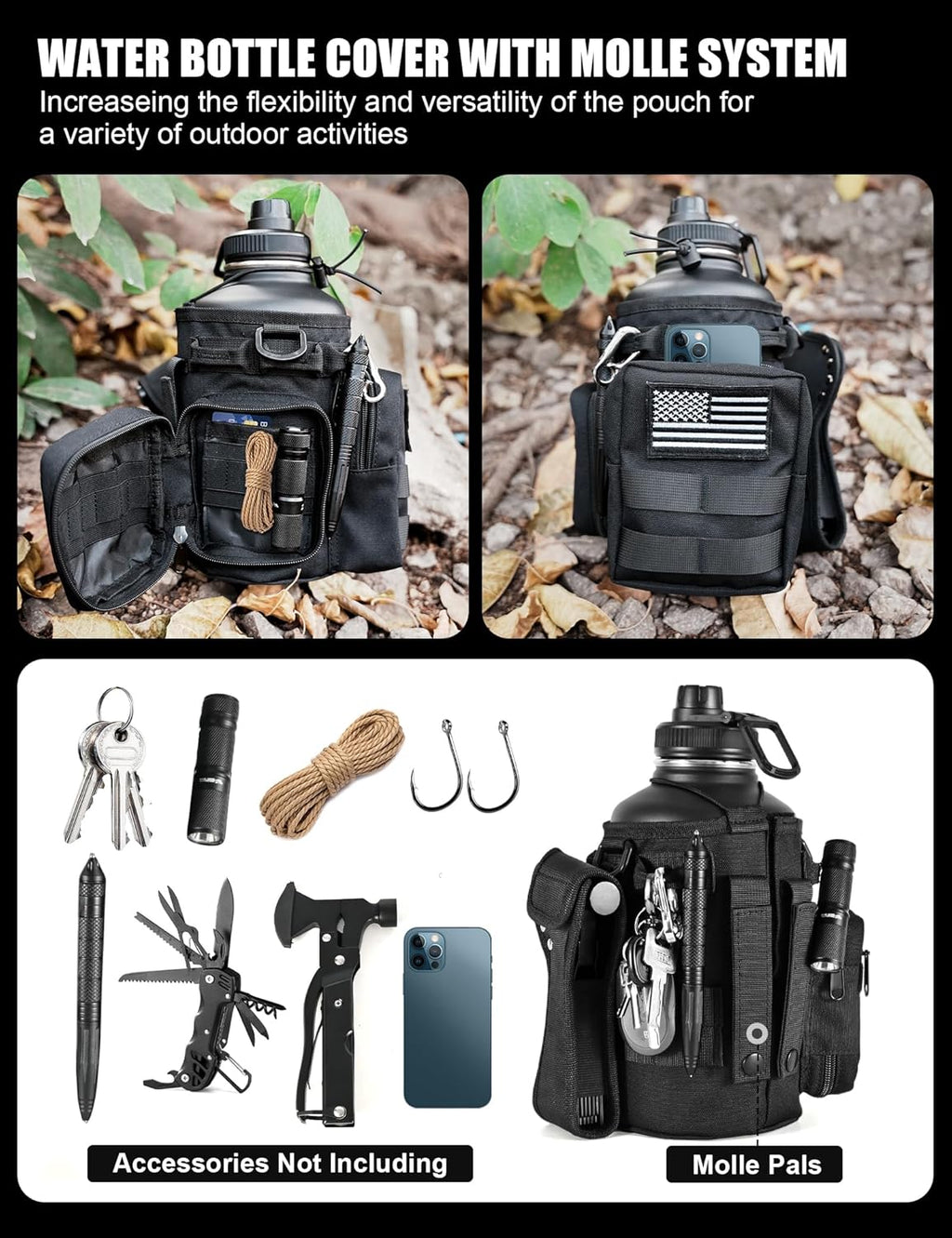 Tactical Half Gallon Water Bottle with Straw, 64 Oz Insulated Water Jug with Molle Water Bottle Holder, Stainless Steel Sport Bottle with 3 BPA Free Lids for Gym Workout Hiking (Black)