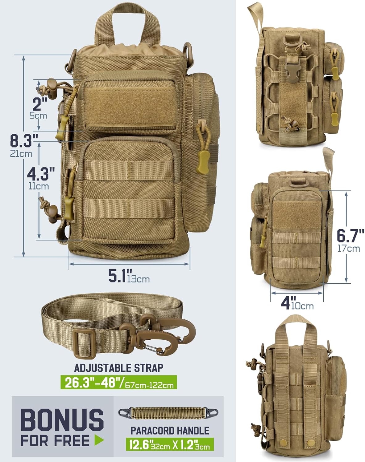 64 oz Insulated Water Bottle with Sleeve, Half Gallon Stainless Steel Tactical Water Jug Large Military Water Bottle with 3-IN-1 Pouch/3 Lids/Straw/Paracord Handle for Gym, Camping, Workout