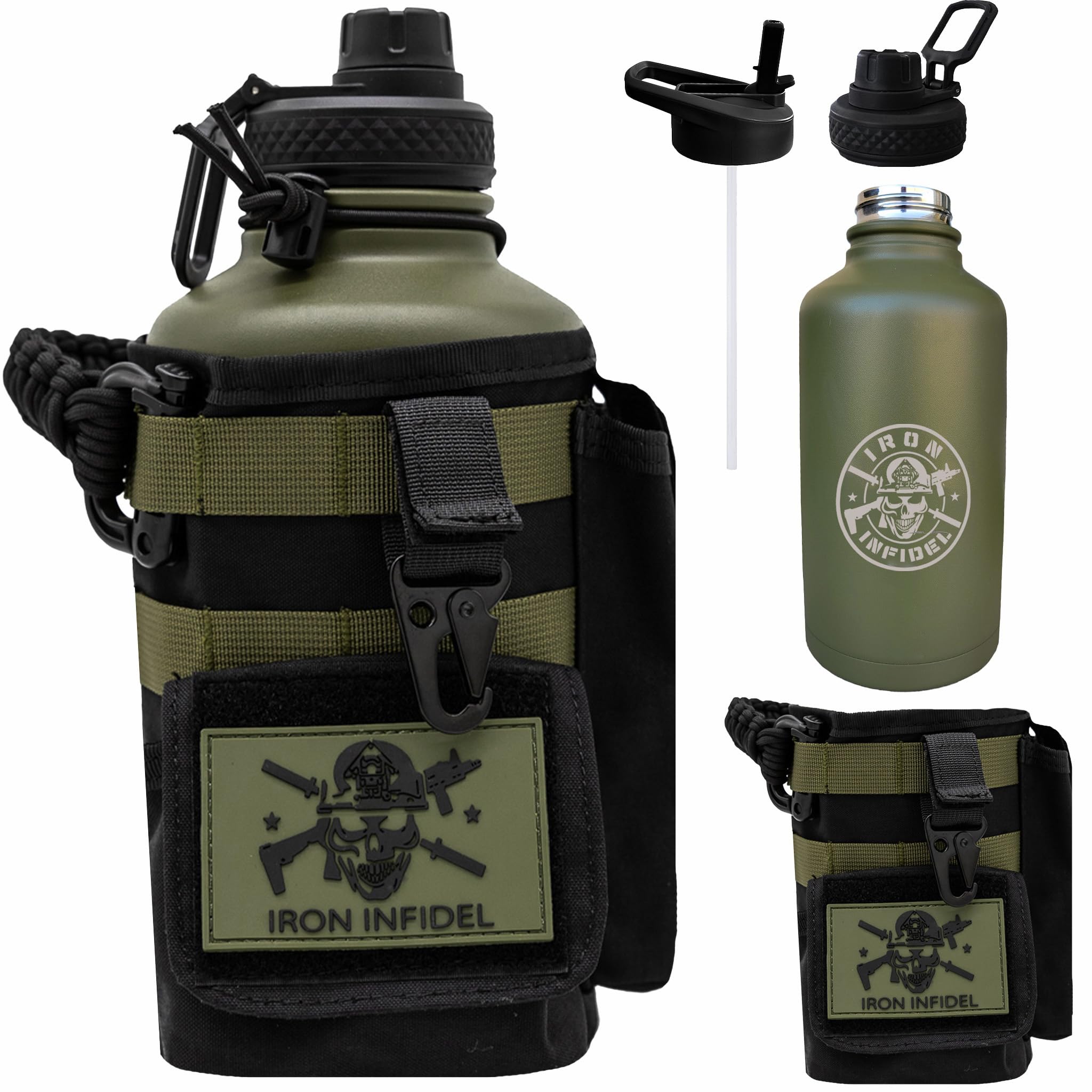 Iron Infidel Battle Bottle - Half Gallon Insulated Water Bottle with Paracord Handle, Large 64 oz Stainless Steel Water Jug with Rugged, Removable Sleeve for Keys, Wallet & Phone (Blue Line 2 Liter)