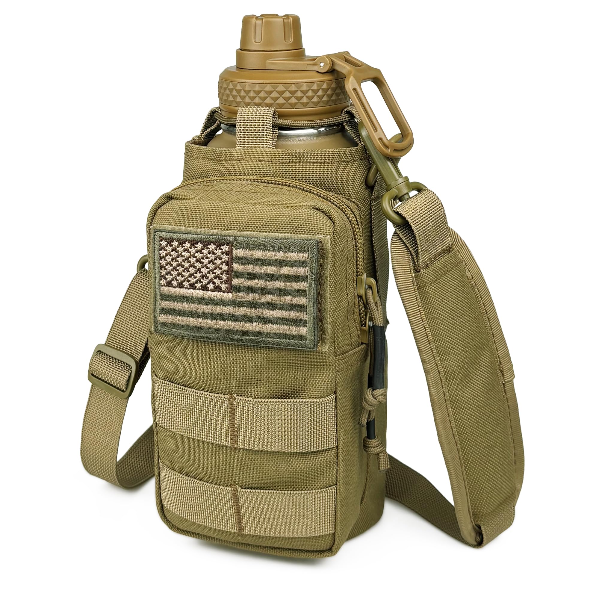 Half Gallon Water Bottle with Sleeve - 64 Oz Insulated Water Jug with Handle - Green Stainless Steel Sports Water Bottle for Gym Workout Hiking Tactical Bottle Holder with Pouch Khaki