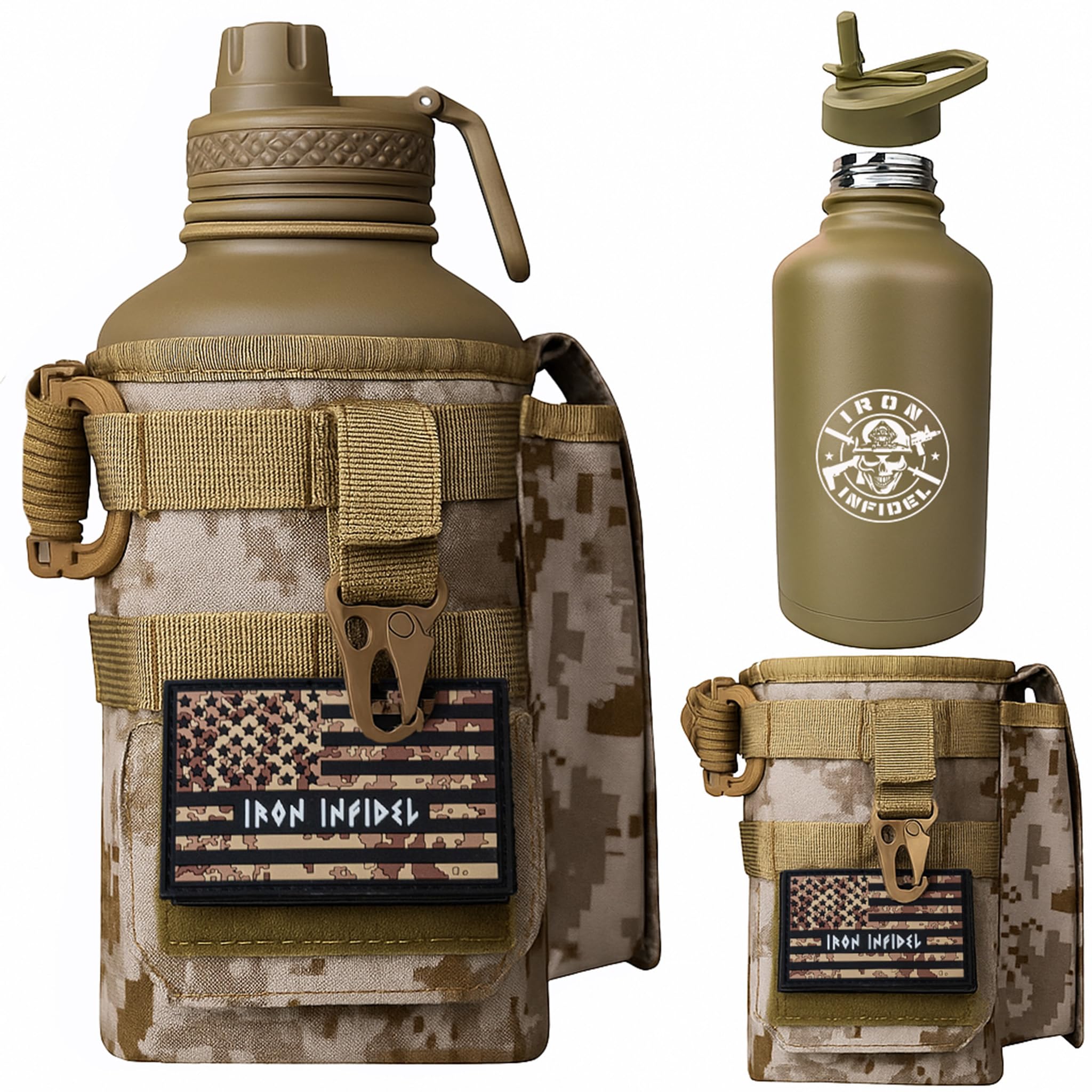 Iron Infidel Battle Bottle - Half Gallon Insulated Water Bottle with Paracord Handle, Large 64 oz Stainless Steel Water Jug with Rugged, Removable Sleeve for Keys, Wallet & Phone (Blue Line 2 Liter)