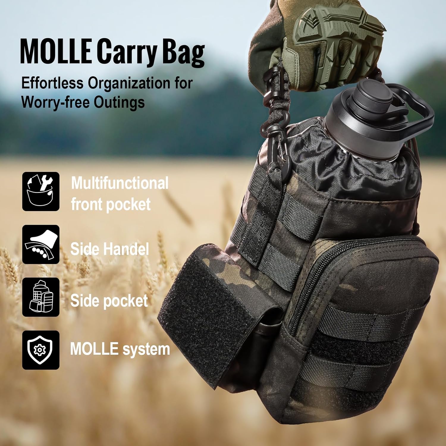 ONETIGRIS Tactical Half Gallon Water Bottle with Straw - 64 oz Vacuum Insulated Stainless Steel Water Jug, Leakproof Sport Bottle with 3 BPA Free Lids, Paracord Handle & MOLLE Water Pouch for Outdoor