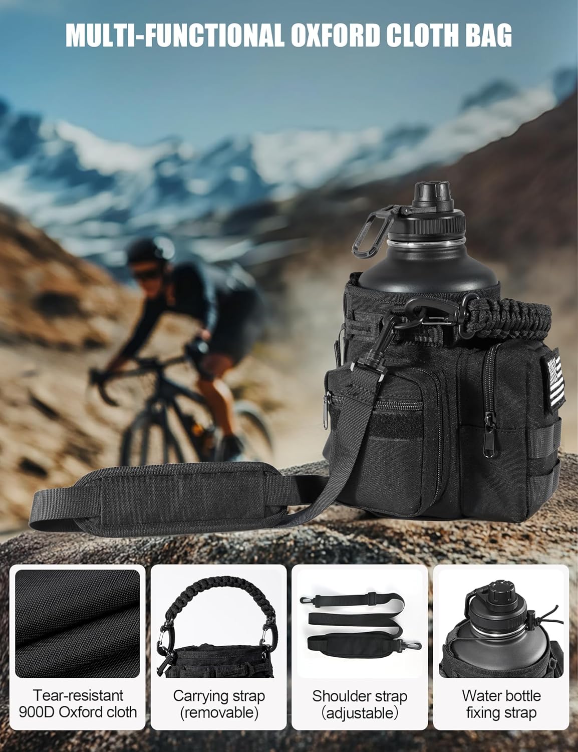 Tactical Half Gallon Water Bottle with Straw, 64 Oz Insulated Water Jug with Molle Water Bottle Holder, Stainless Steel Sport Bottle with 3 BPA Free Lids for Gym Workout Hiking (Black)