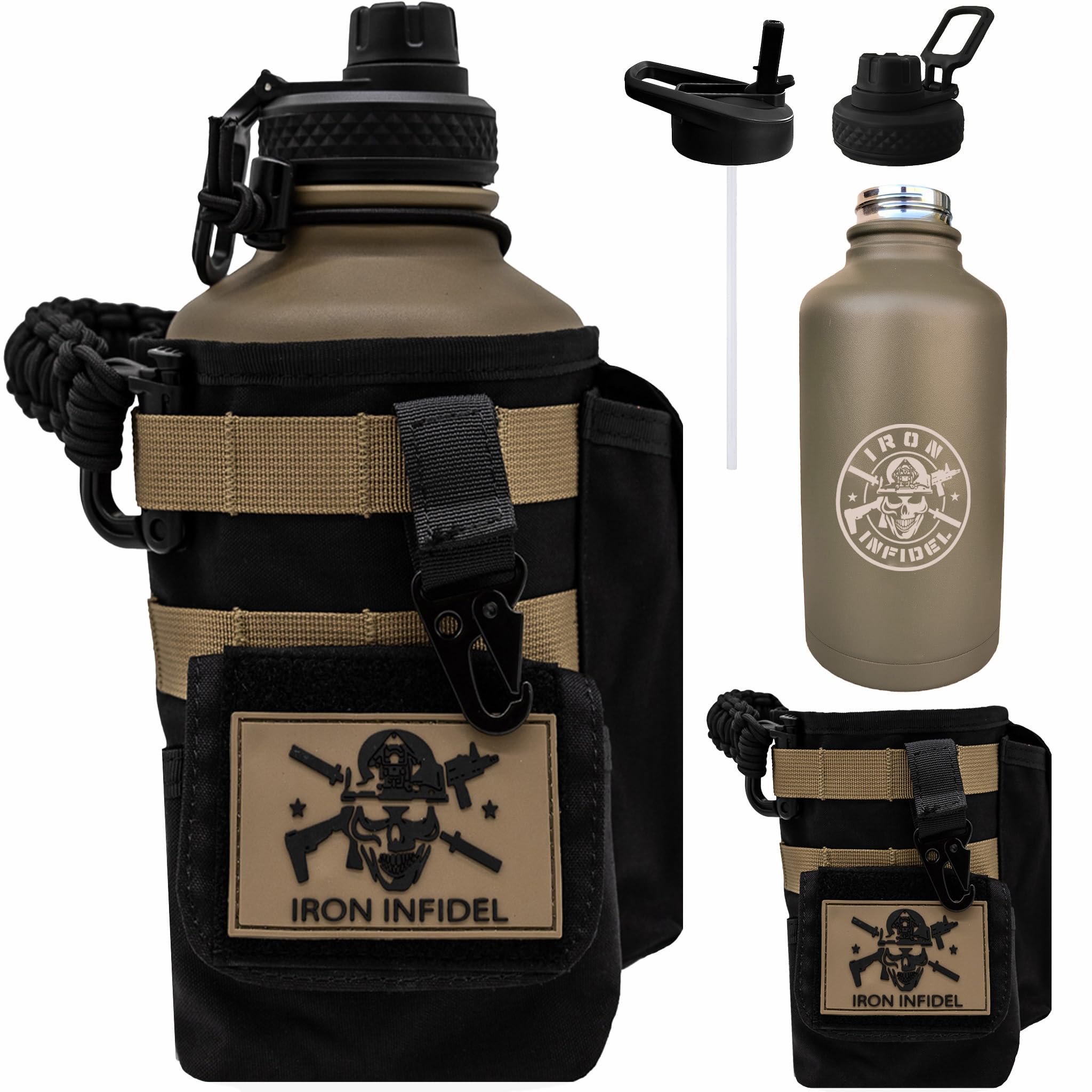 Iron Infidel Battle Bottle - Half Gallon Insulated Water Bottle with Paracord Handle, Large 64 oz Stainless Steel Water Jug with Rugged, Removable Sleeve for Keys, Wallet & Phone (Blue Line 2 Liter)
