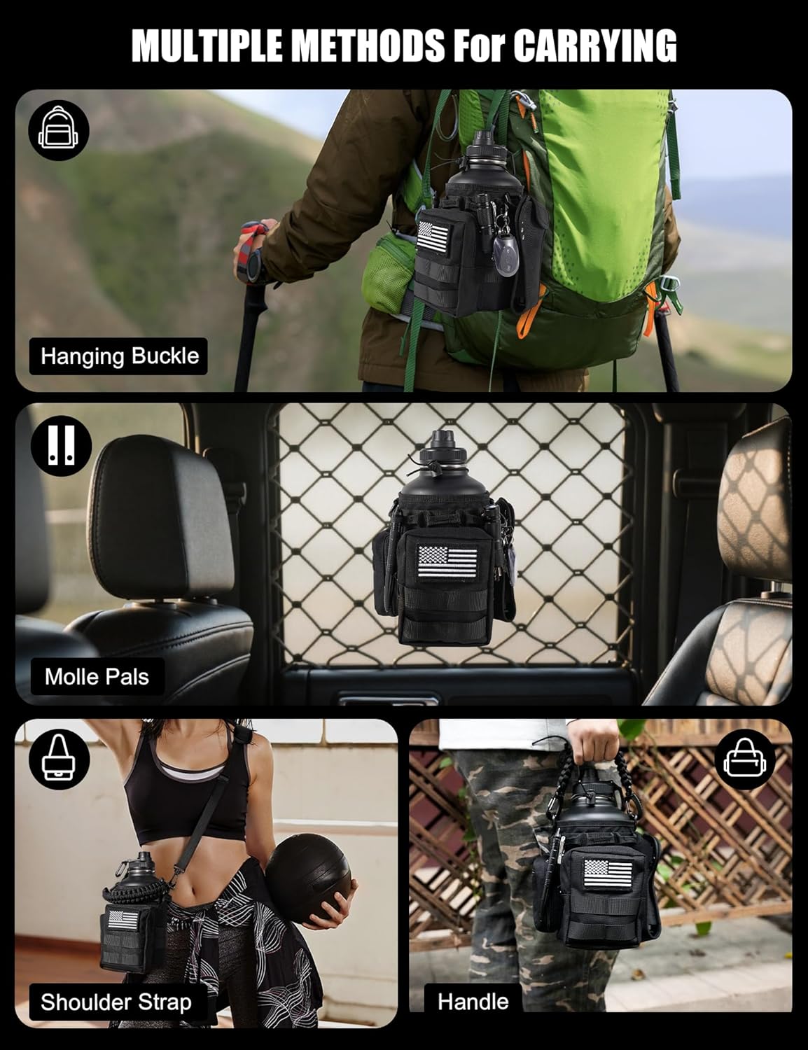 Tactical Half Gallon Water Bottle with Straw, 64 Oz Insulated Water Jug with Molle Water Bottle Holder, Stainless Steel Sport Bottle with 3 BPA Free Lids for Gym Workout Hiking (Black)