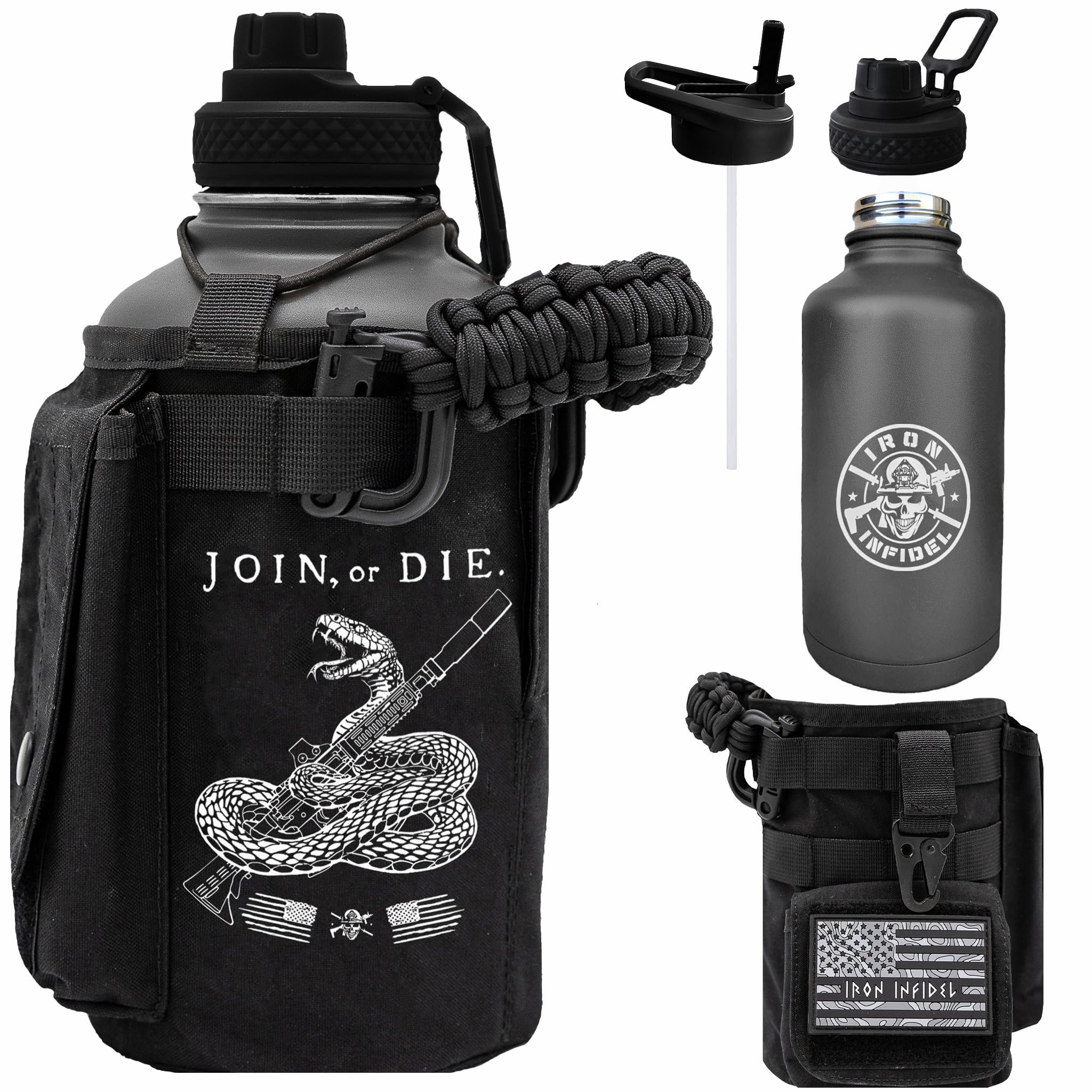 Iron Infidel Battle Bottle - One Gallon Insulated Water Bottle with Dual Carry Handles - 128 oz Tactical Stainless Steel Water Jug & Rugged Extra Large Sleeve With Storage (Betsy 128 Ounces)