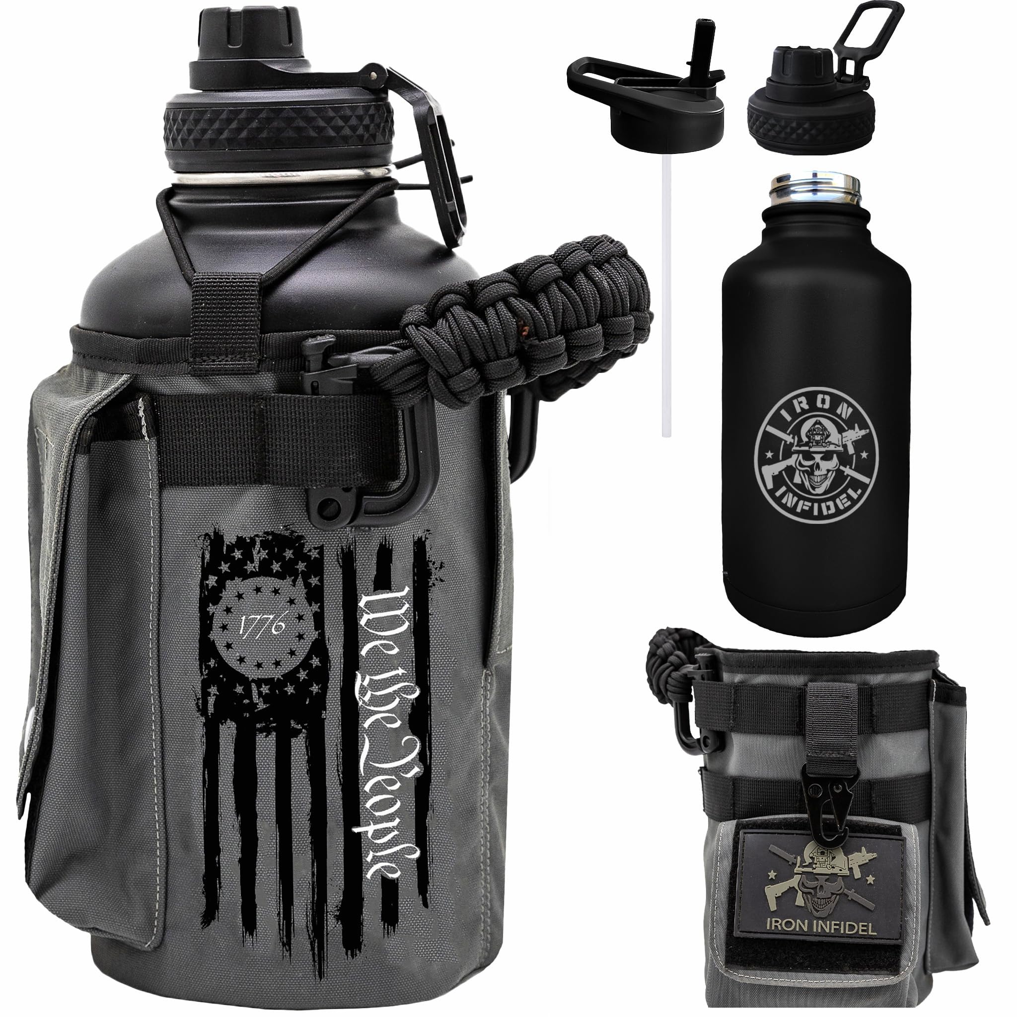 Iron Infidel Battle Bottle - Half Gallon Insulated Water Bottle with Paracord Handle, Large 64 oz Stainless Steel Water Jug with Rugged, Removable Sleeve for Keys, Wallet & Phone (Blue Line 2 Liter)