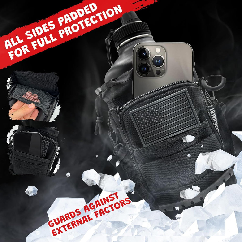 1 Gallon Water Bottle - 128 Oz Insulated Stainless Steel Metal Water Bottle with Holder - Carrying Bag - Spout Handle - Straw Lids - Keep Cold & Hot - Black Tactical Flask