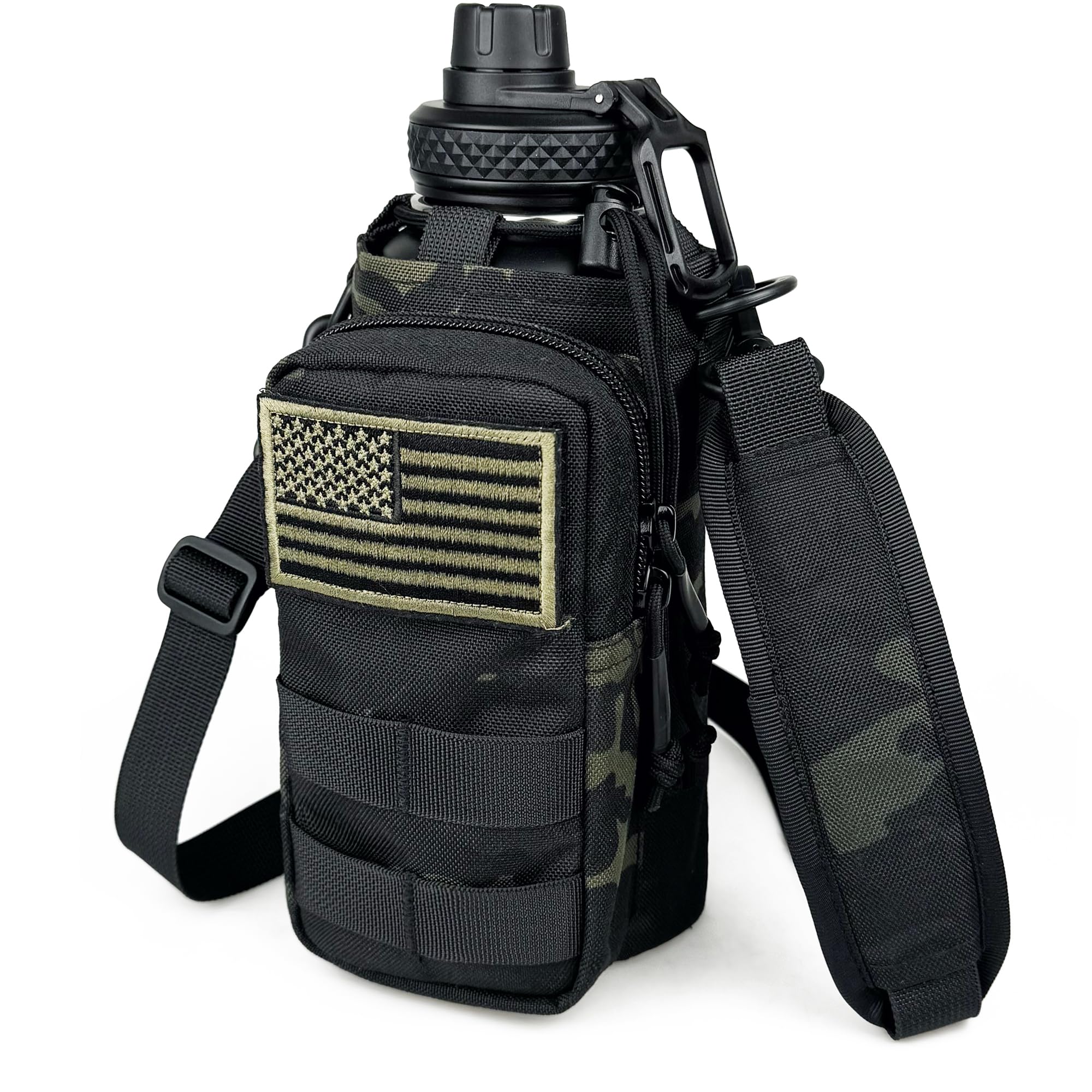 Half Gallon Water Bottle with Sleeve - 64 Oz Insulated Water Jug with Handle - Green Stainless Steel Sports Water Bottle for Gym Workout Hiking Tactical Bottle Holder with Pouch Khaki