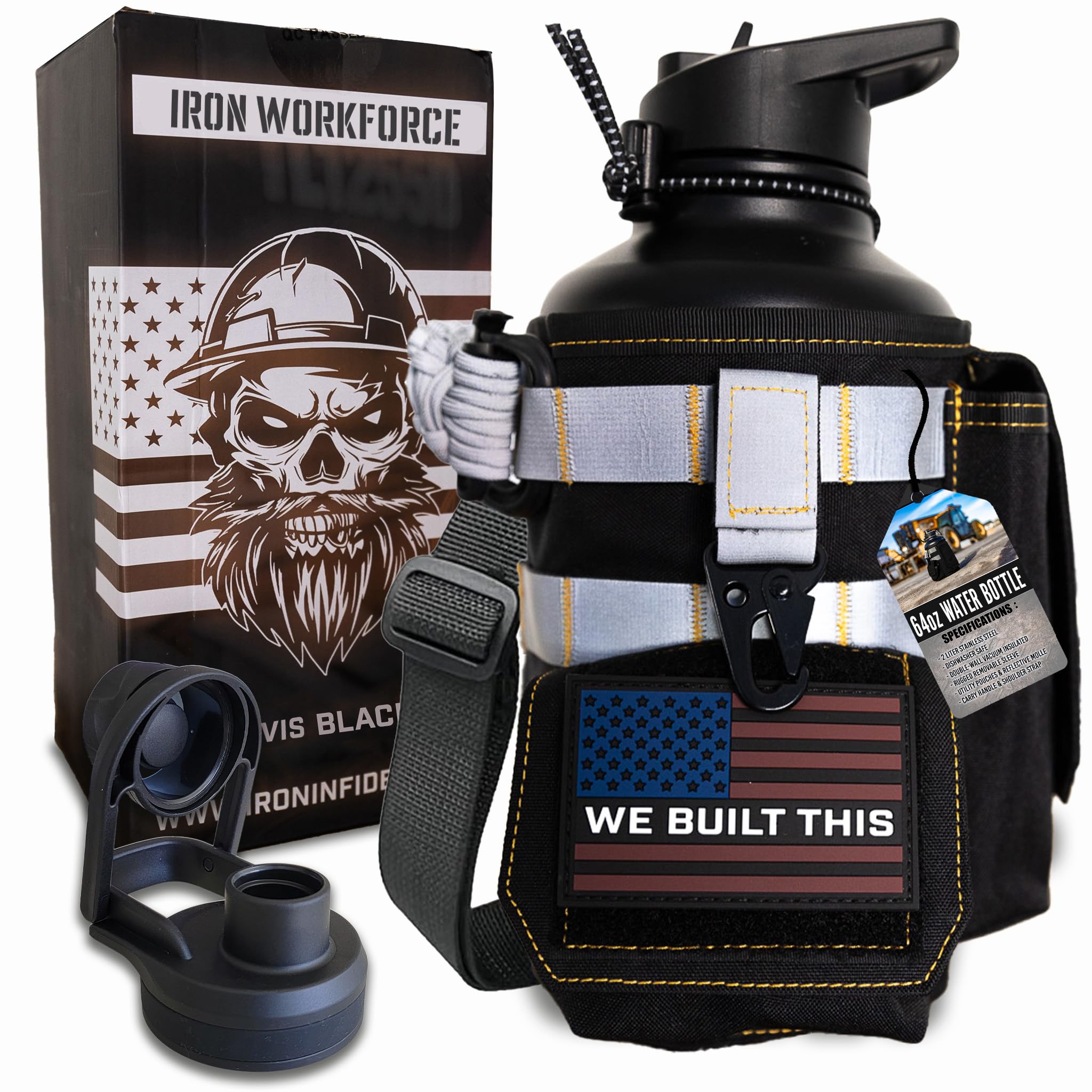 Iron Infidel Workforce Water Bottle - 64 oz Insulated Stainless Steel | Half Gallon Vacuum Water Jug | Paracord Handle, Removable Sleeve | Large Thermal Flask | Hiking, Camping, Workouts (Black)