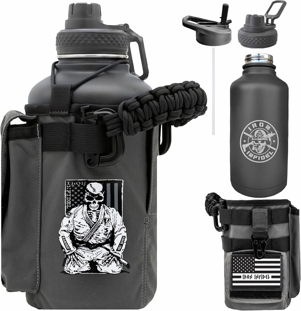 Iron Infidel Battle Bottle - Half Gallon Water Bottle Insulated, 64 oz Stainless Steel Water Jug with Handle - Gym Water Bottle for Men with Rugged Sleeve for Storage (Earned, Not Given 2 Liter)
