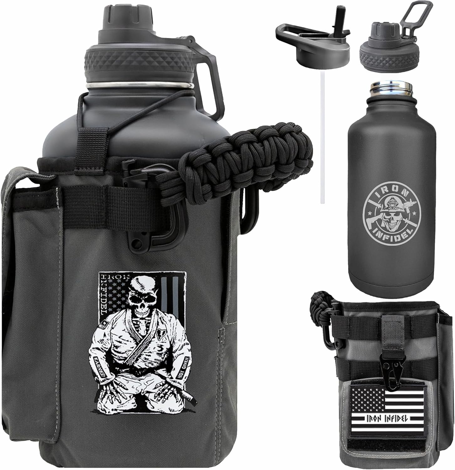 Iron Infidel Battle Bottle - Half Gallon Water Bottle Insulated, 64 oz Stainless Steel Water Jug with Handle - Gym Water Bottle for Men with Rugged Sleeve for Storage (Earned, Not Given 2 Liter)
