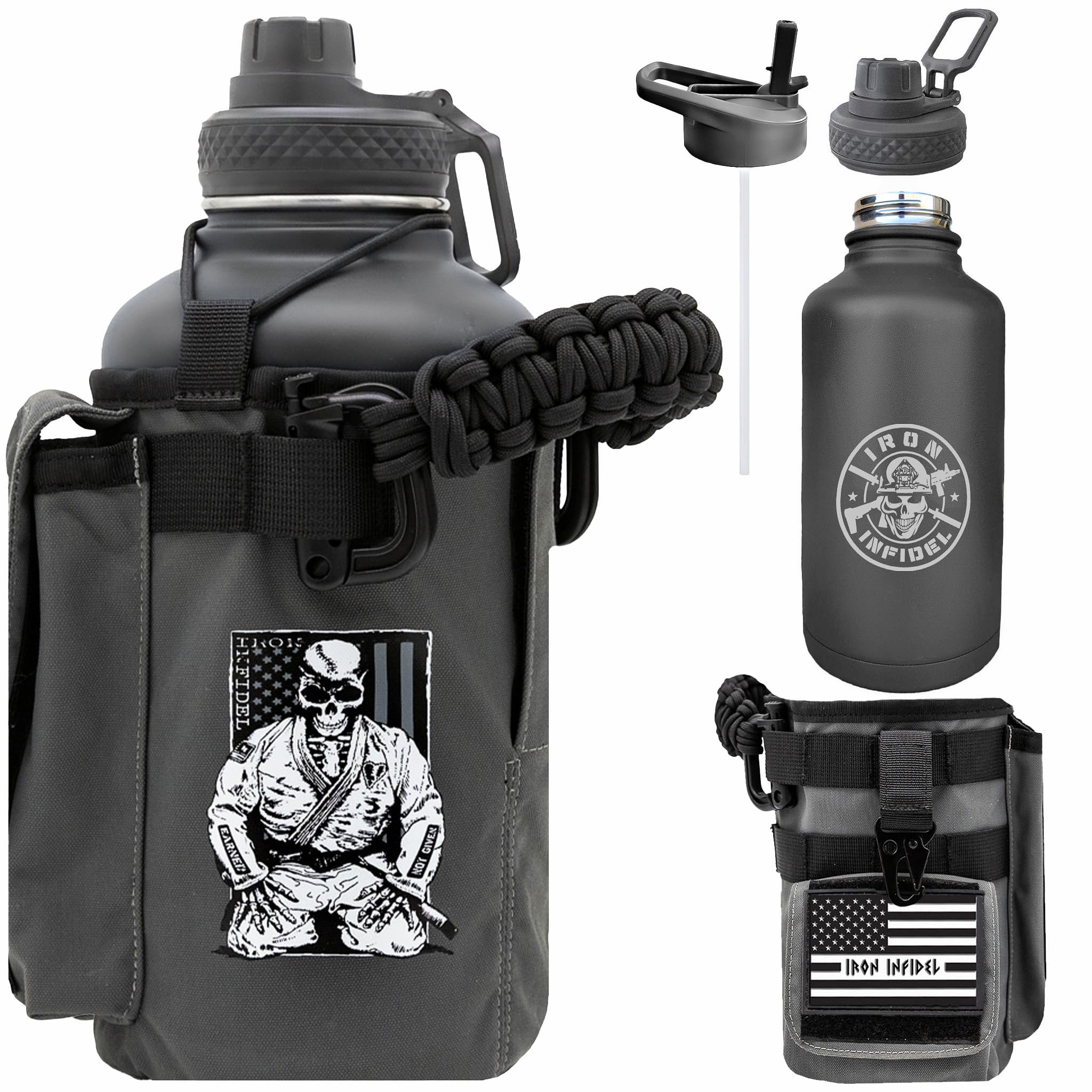 Iron Infidel Battle Bottle - Half Gallon Insulated Water Bottle with Paracord Handle, Large 64 oz Stainless Steel Water Jug with Rugged, Removable Sleeve for Keys, Wallet & Phone (Blue Line 2 Liter)