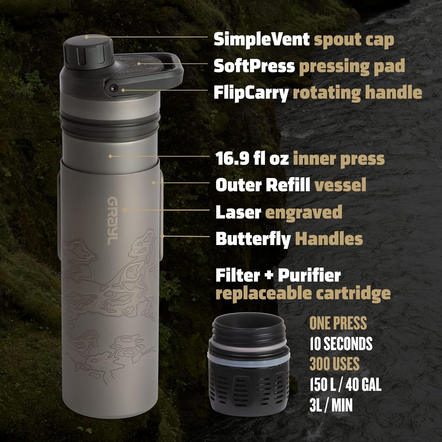 GRAYL UltraPress Titanium 16.9 oz Water Purifier & Filter Bottle for Hiking, Backpacking, Survival, Bushcraft, Travel (Covert Black)