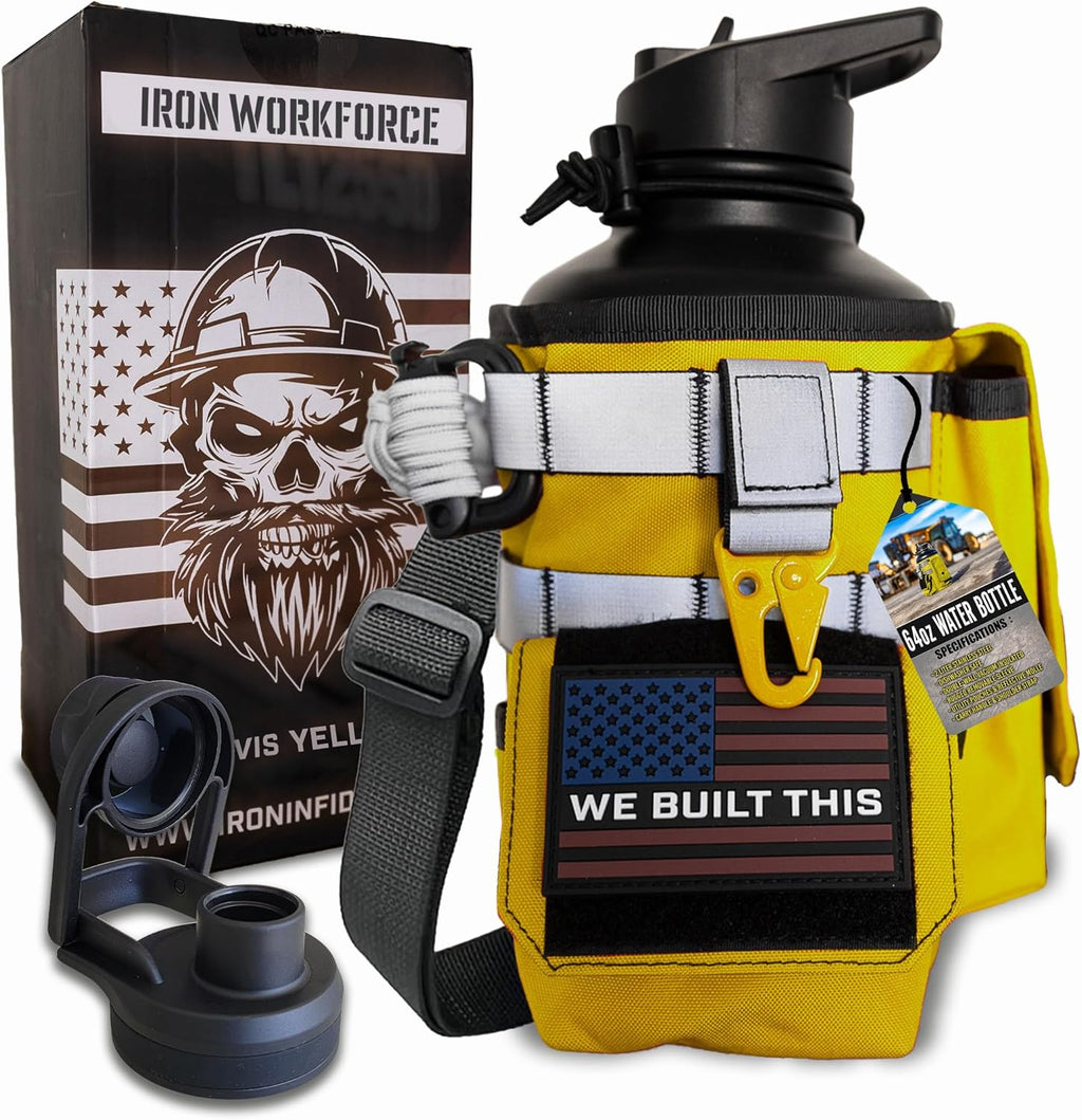 Iron Infidel Workforce Water Bottle - 64 oz Insulated Stainless Steel | Half Gallon Vacuum Water Jug | Paracord Handle, Removable Sleeve | Large Thermal Flask | Hiking, Camping, Workouts (Yellow)