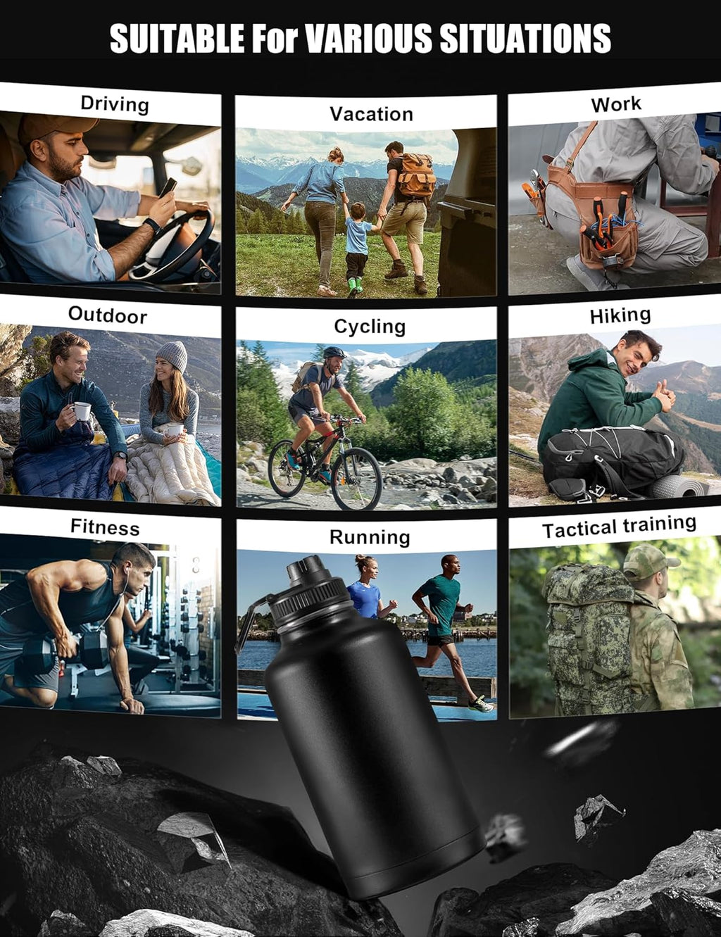 Tactical Half Gallon Water Bottle with Straw, 64 Oz Insulated Water Jug with Molle Water Bottle Holder, Stainless Steel Sport Bottle with 3 BPA Free Lids for Gym Workout Hiking (Black)