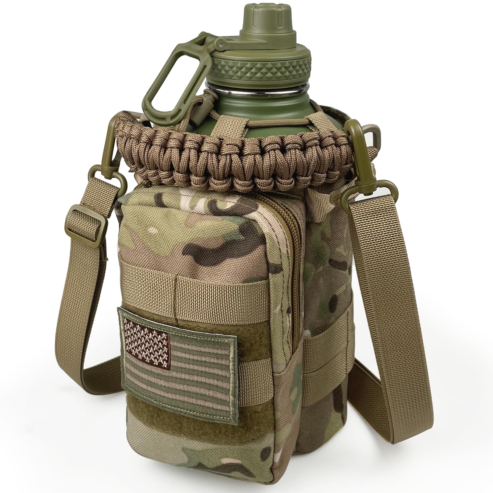 Half Gallon Water Bottle with Sleeve - 64 Oz Insulated Water Jug with Handle - Green Stainless Steel Sports Water Bottle for Gym Workout Hiking Tactical Bottle Holder with Pouch Khaki