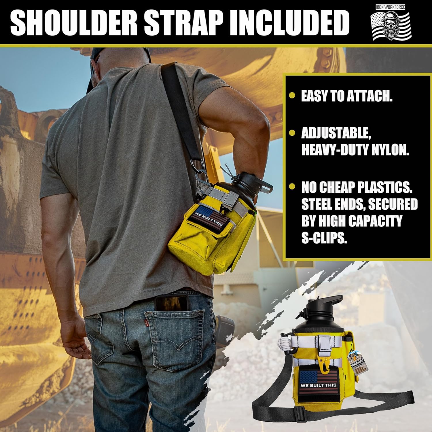 Iron Infidel Workforce Water Bottle - 64 oz Insulated Stainless Steel | Half Gallon Vacuum Water Jug | Paracord Handle, Removable Sleeve | Large Thermal Flask | Hiking, Camping, Workouts (Yellow)
